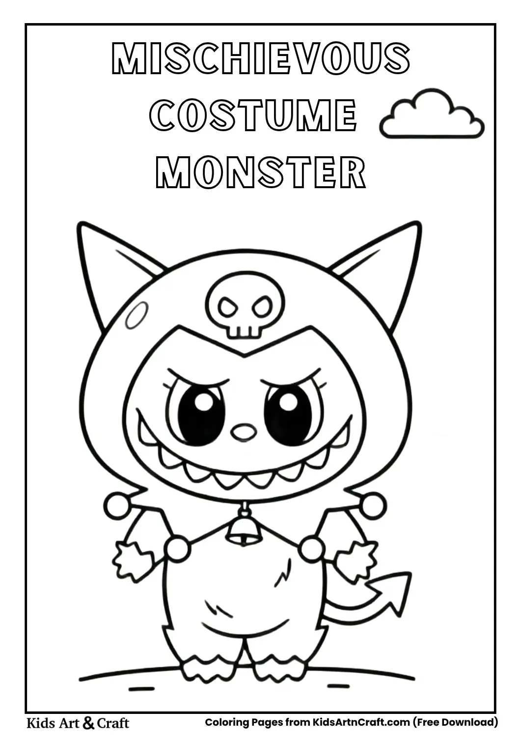 Cartoon monster in hooded costume with skull emblem and bells