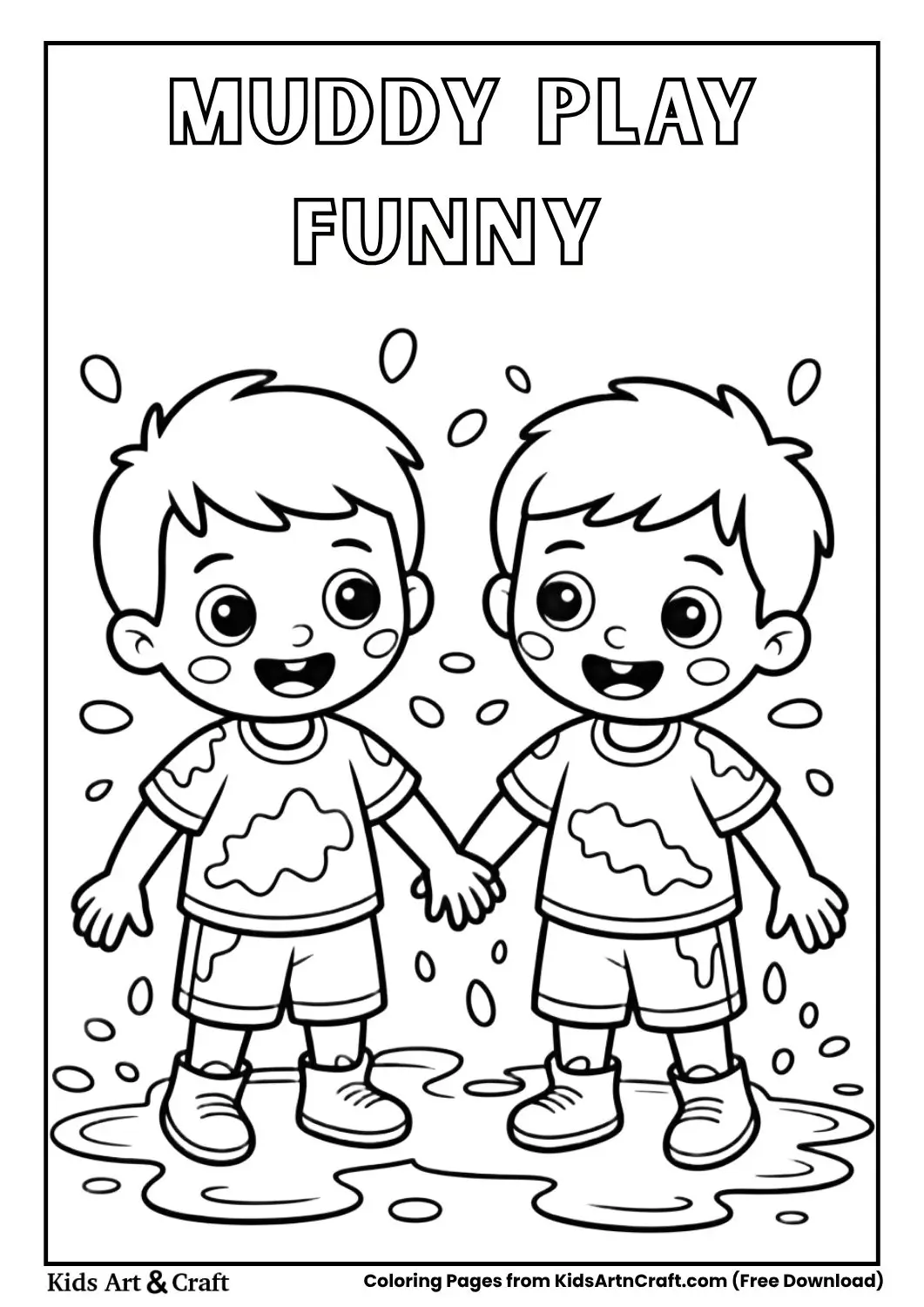 Kids playing in muddy puddles black and white coloring page for children