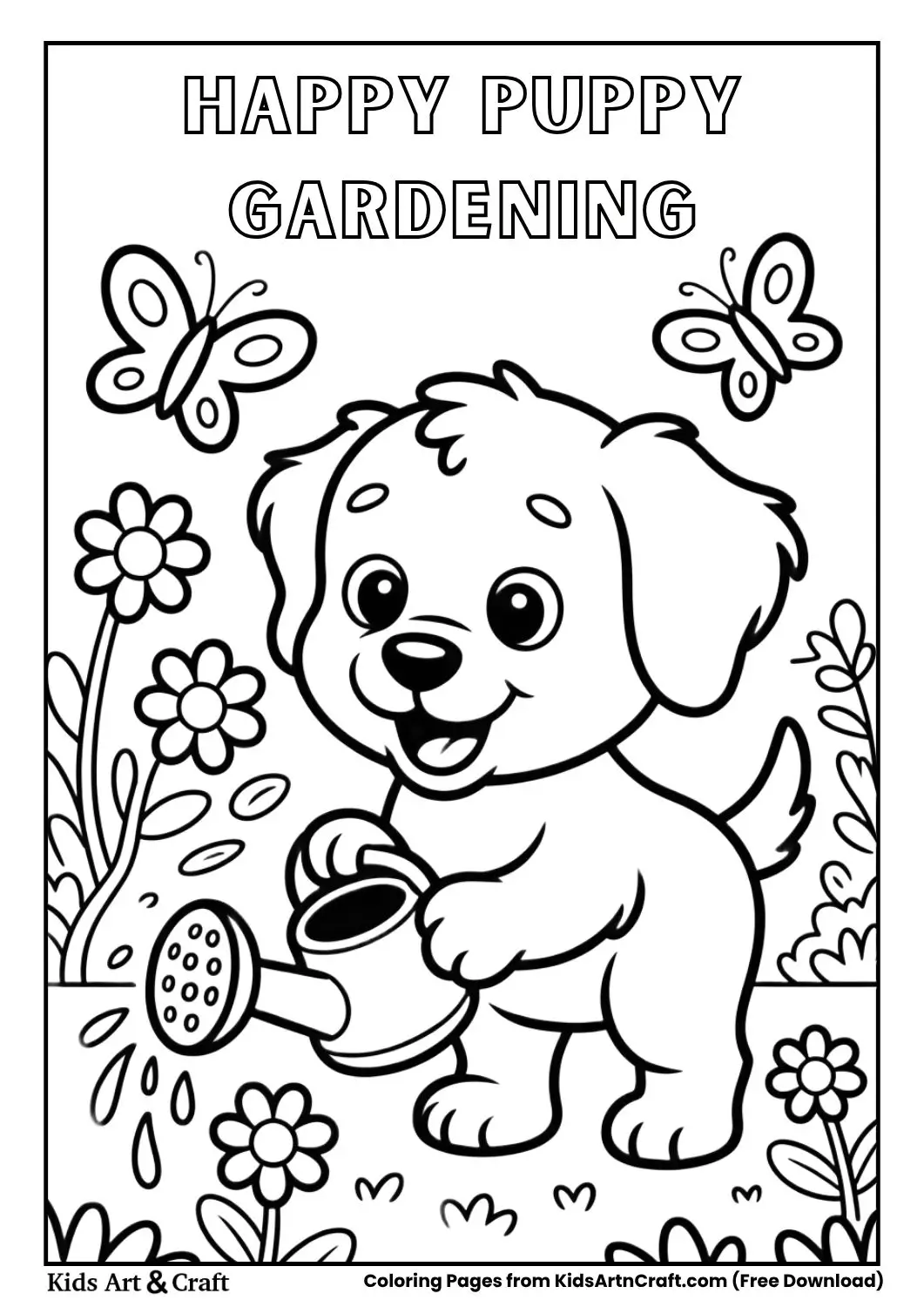 cute puppy watering plants garden coloring page black and white