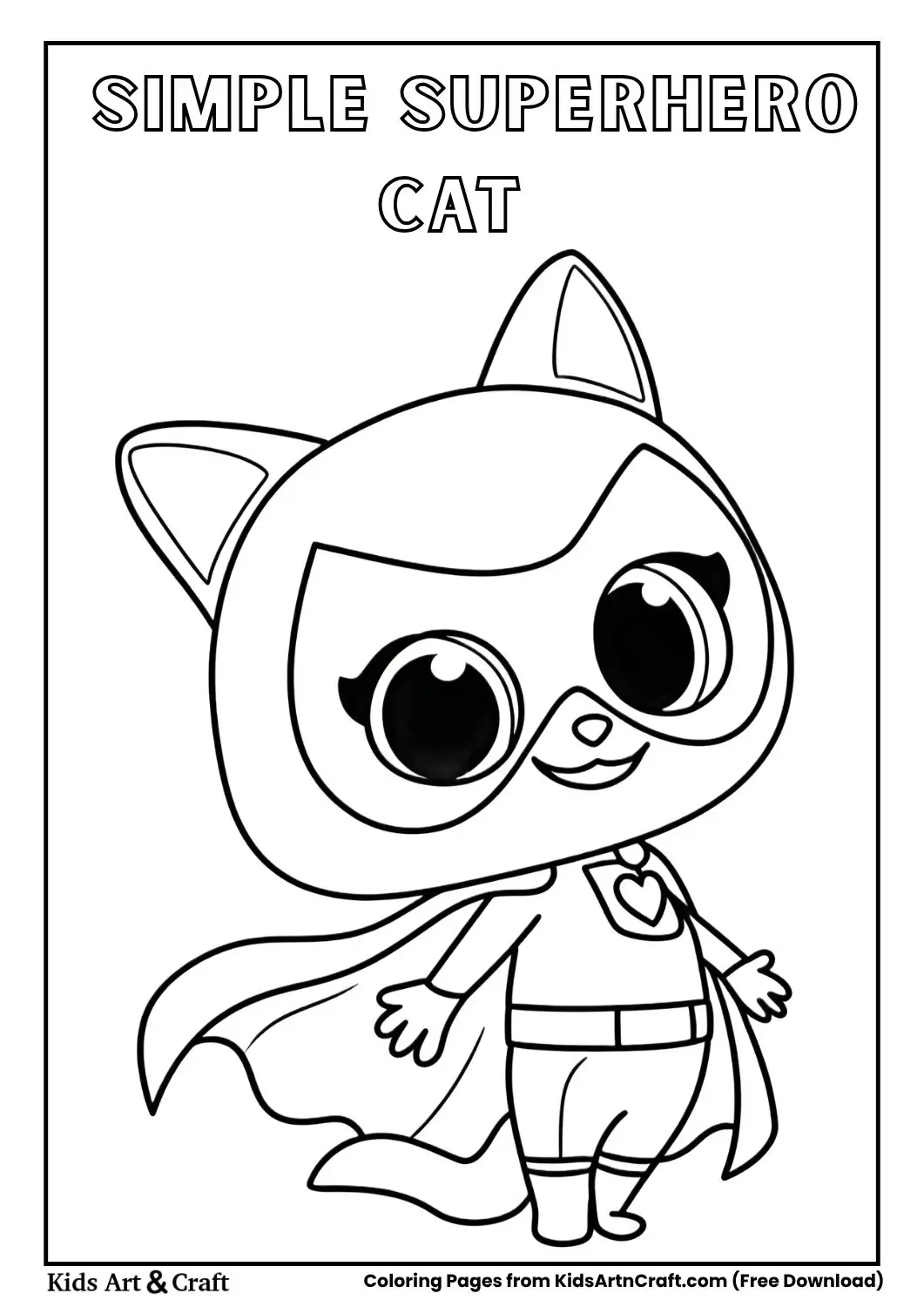 Cartoon cat wearing mask cape and belt standing with open arms coloring page