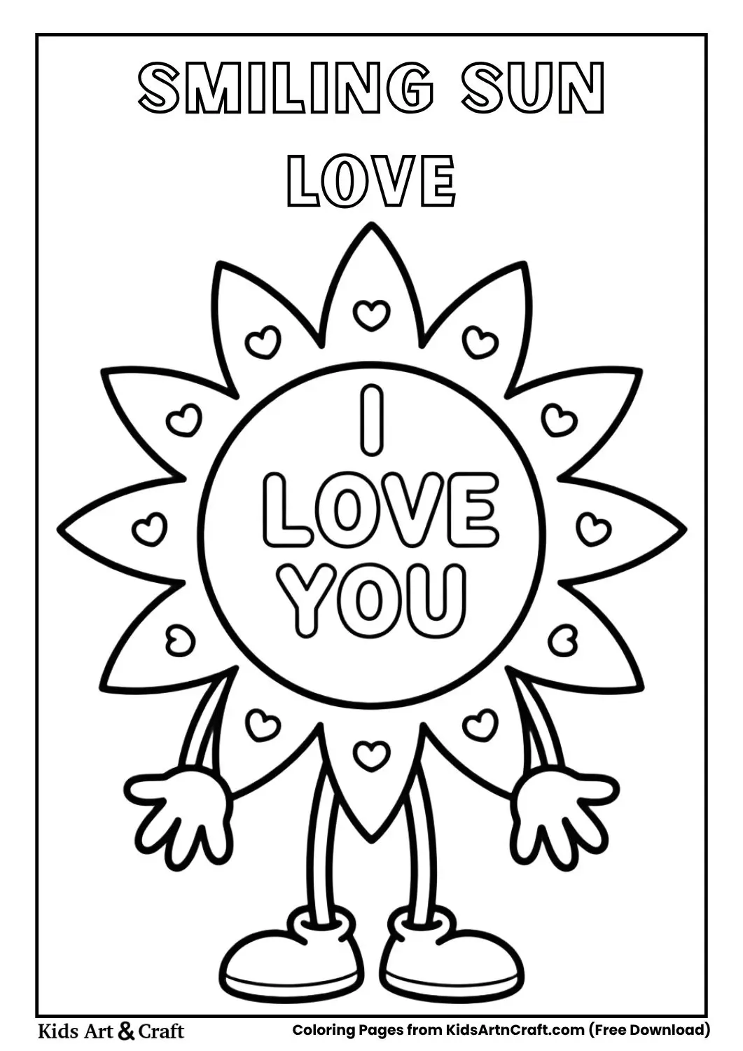Smiling sun with heart rays and I Love You coloring page