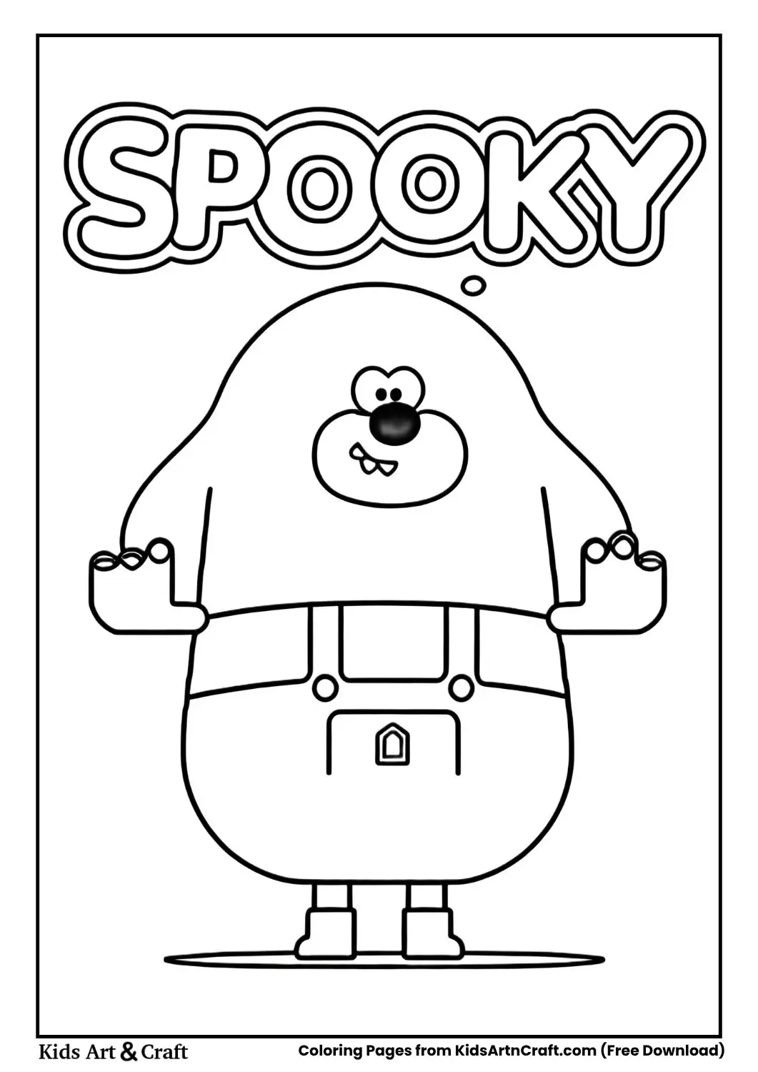 Cartoon character in overalls with “SPOOKY” text