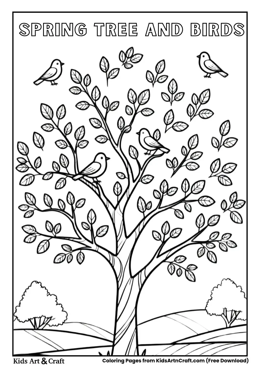 Tree with birds and leaves spring coloring page for kids