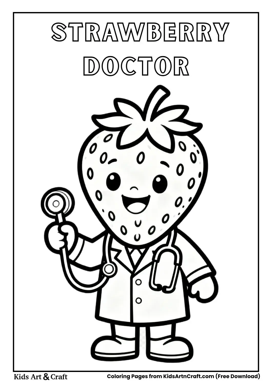 Strawberry dressed as doctor with stethoscope black and white coloring page 
