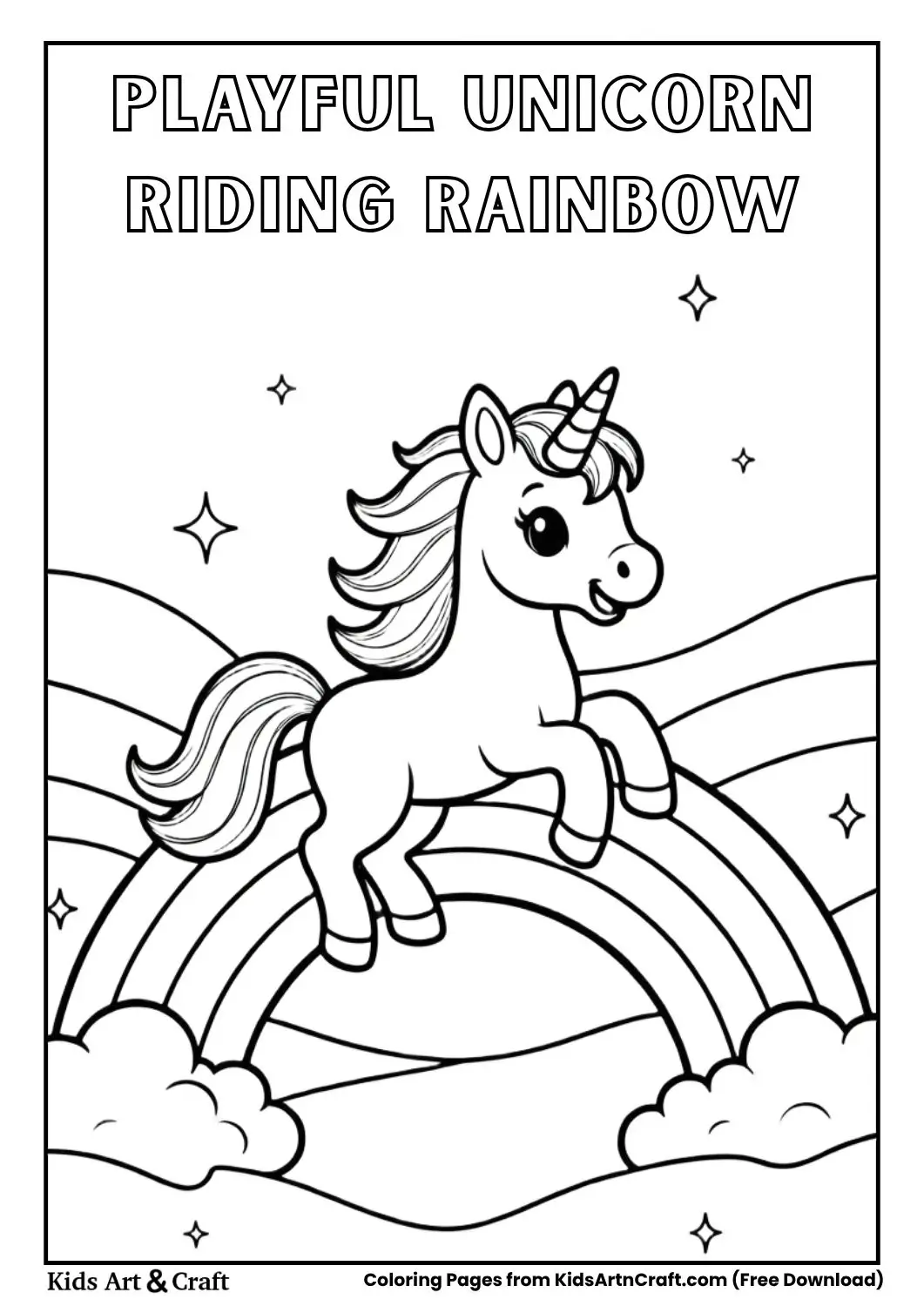 Unicorn riding rainbow with clouds whimsical coloring page