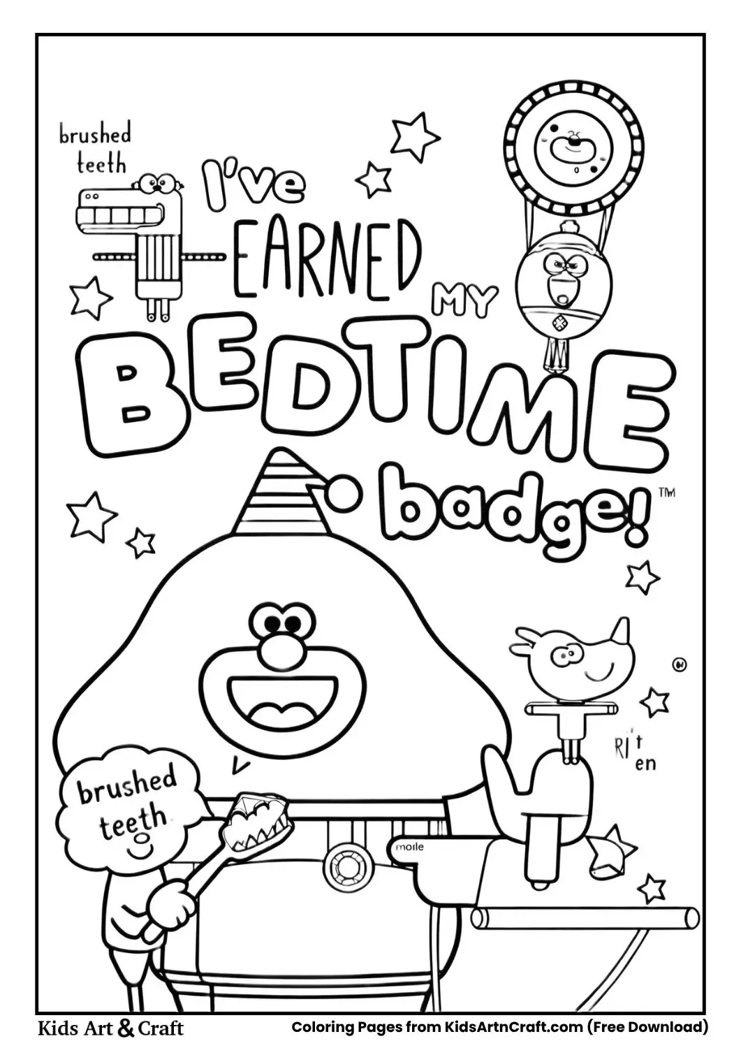 Duggee in pajamas with stars and “I’ve earned my bedtime badge” text