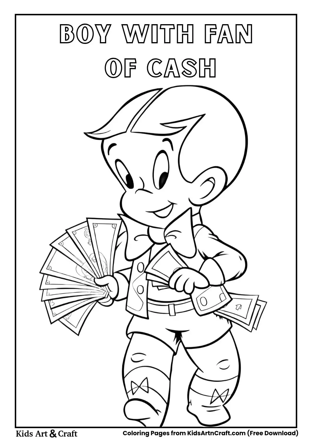 Cartoon boy holding fan of dollar bills
