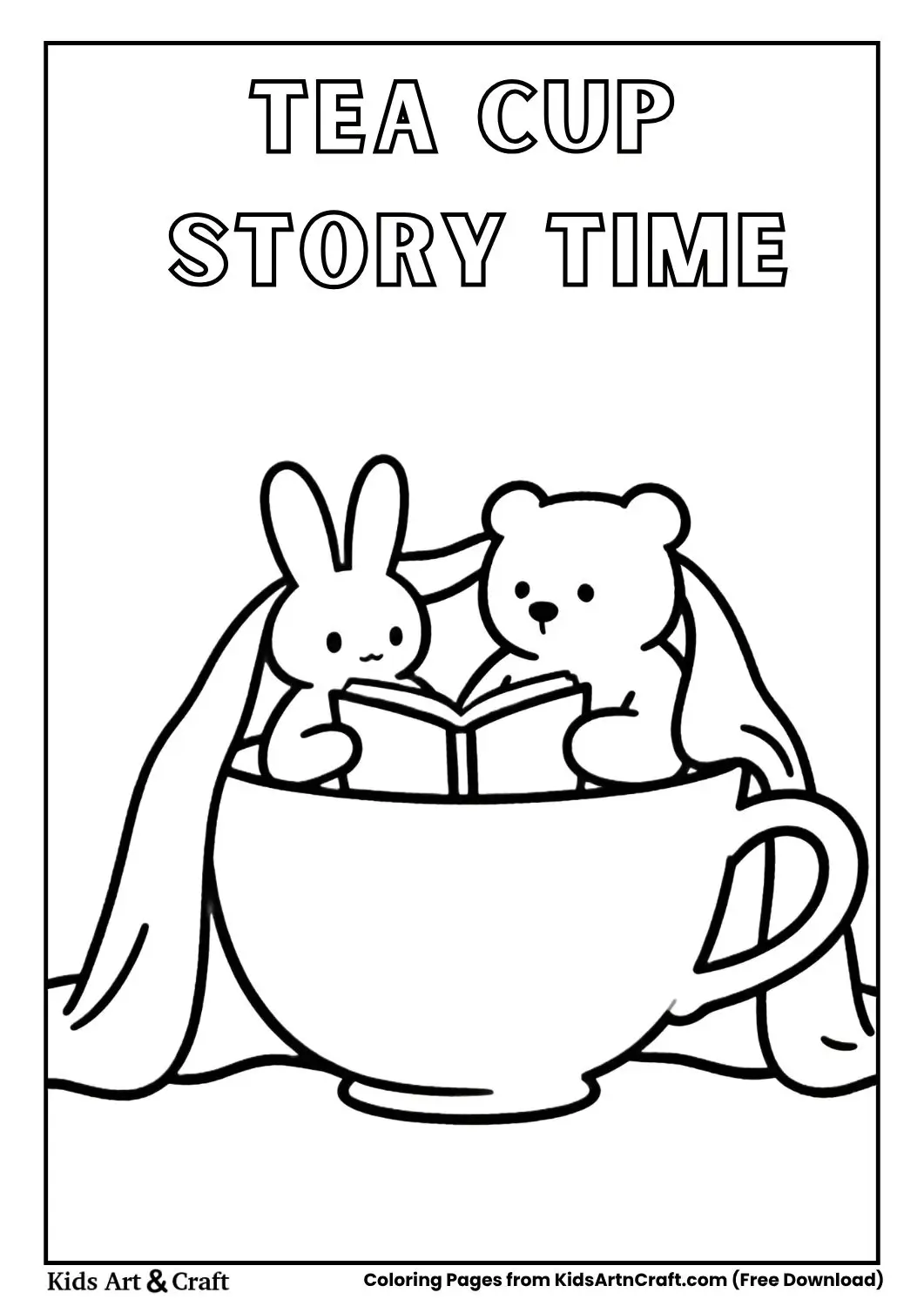 Bunny and Bear reading under blanket inside a giant teacup coloring page