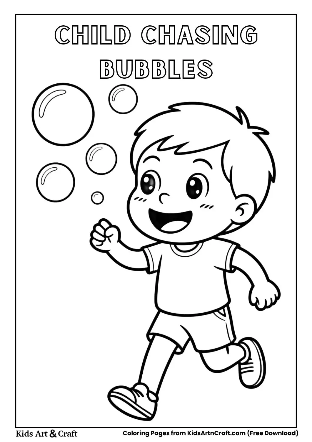 Happy child chasing bubbles in an open space