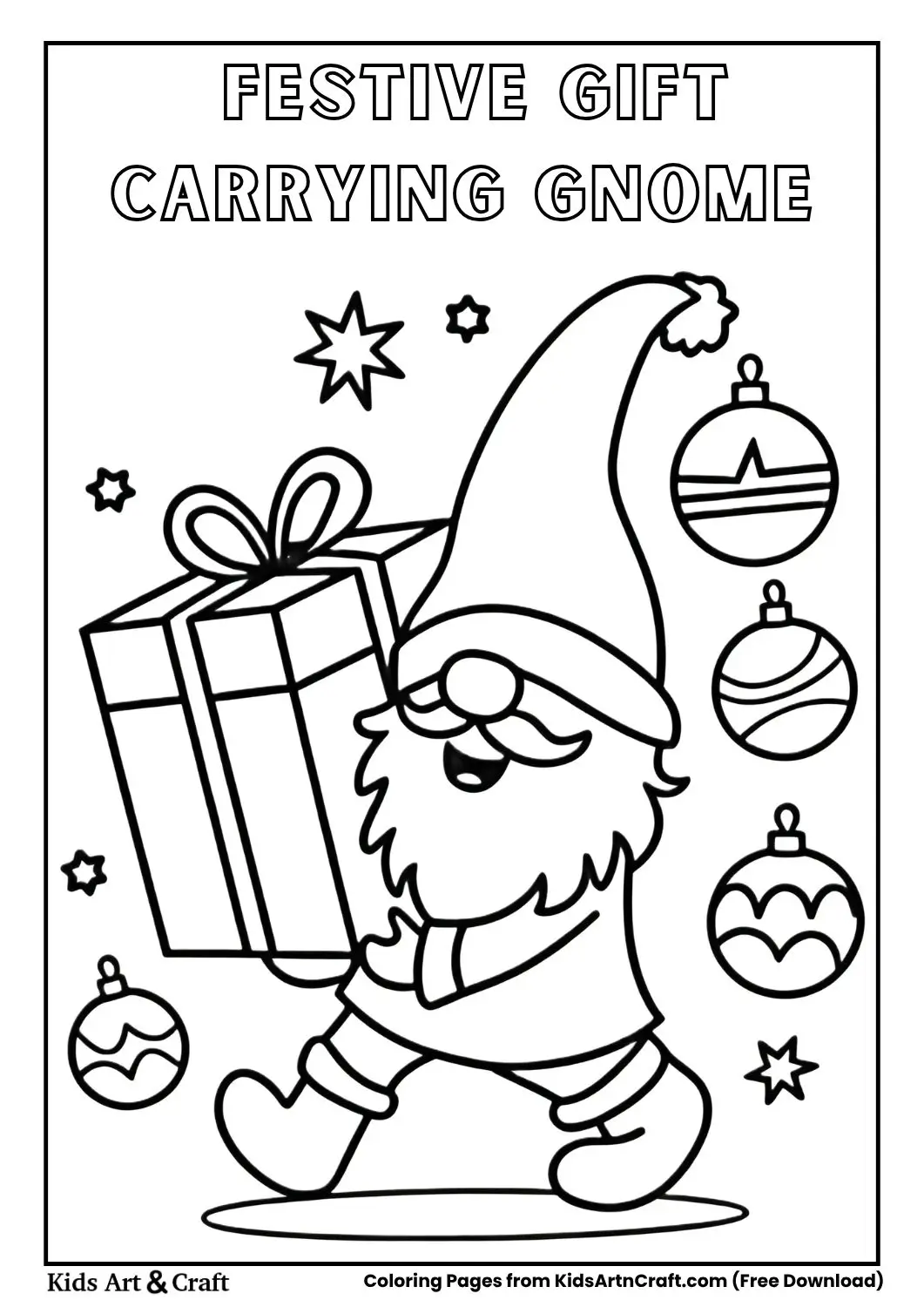 Gnome carrying a wrapped gift with ornaments and stars