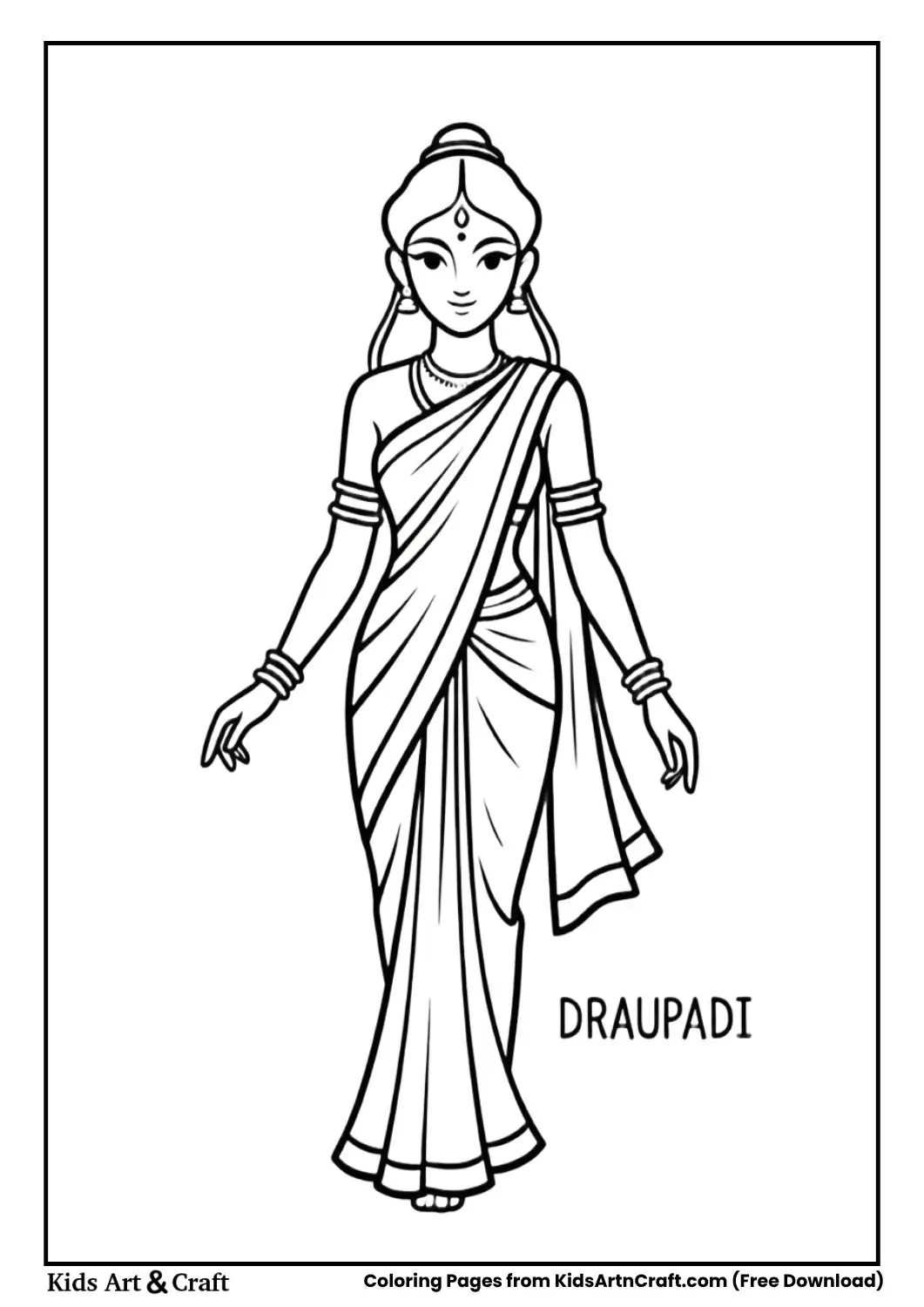 Draupadi in saree simple coloring outline