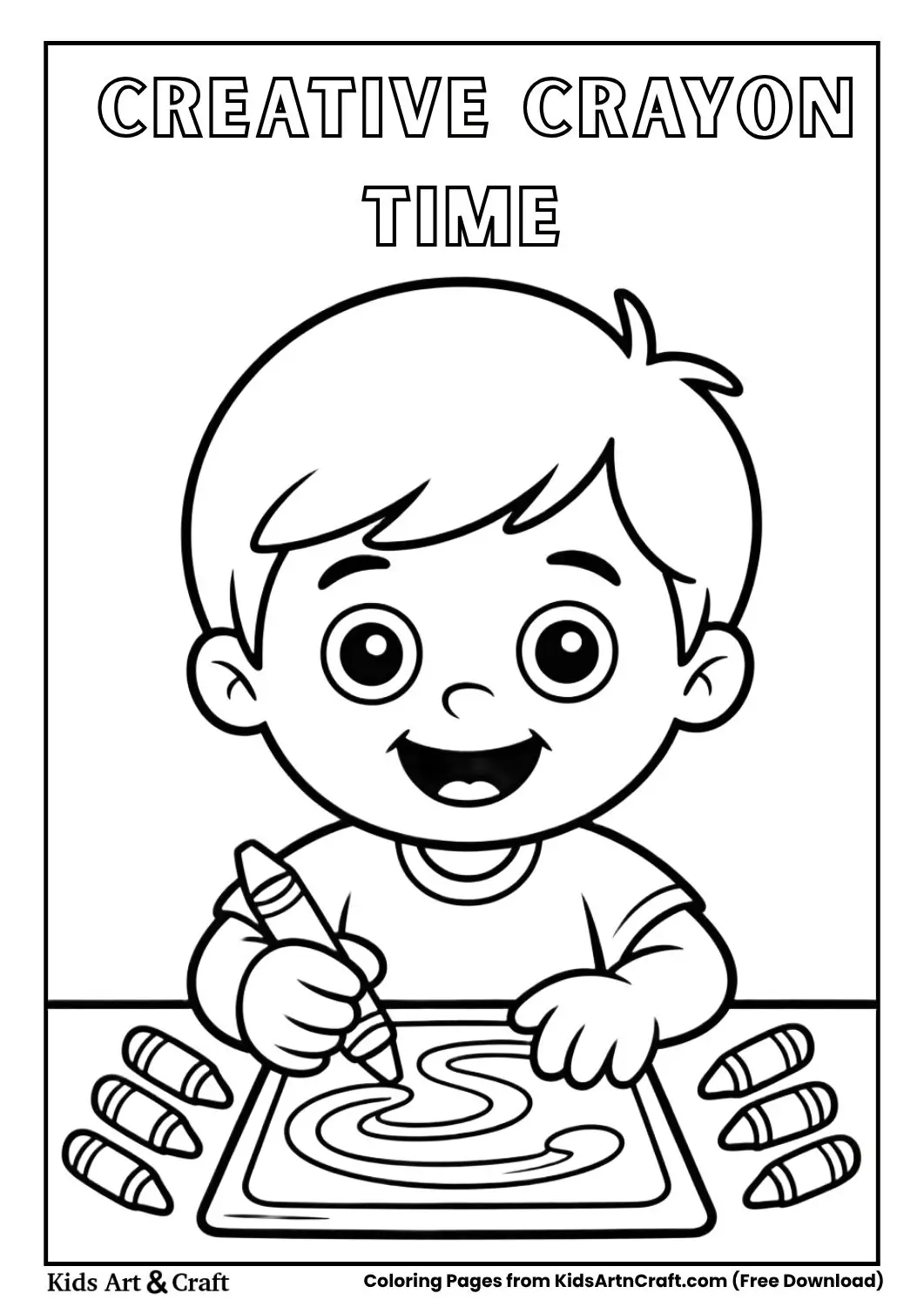 Child drawing with crayons at a desk coloring page