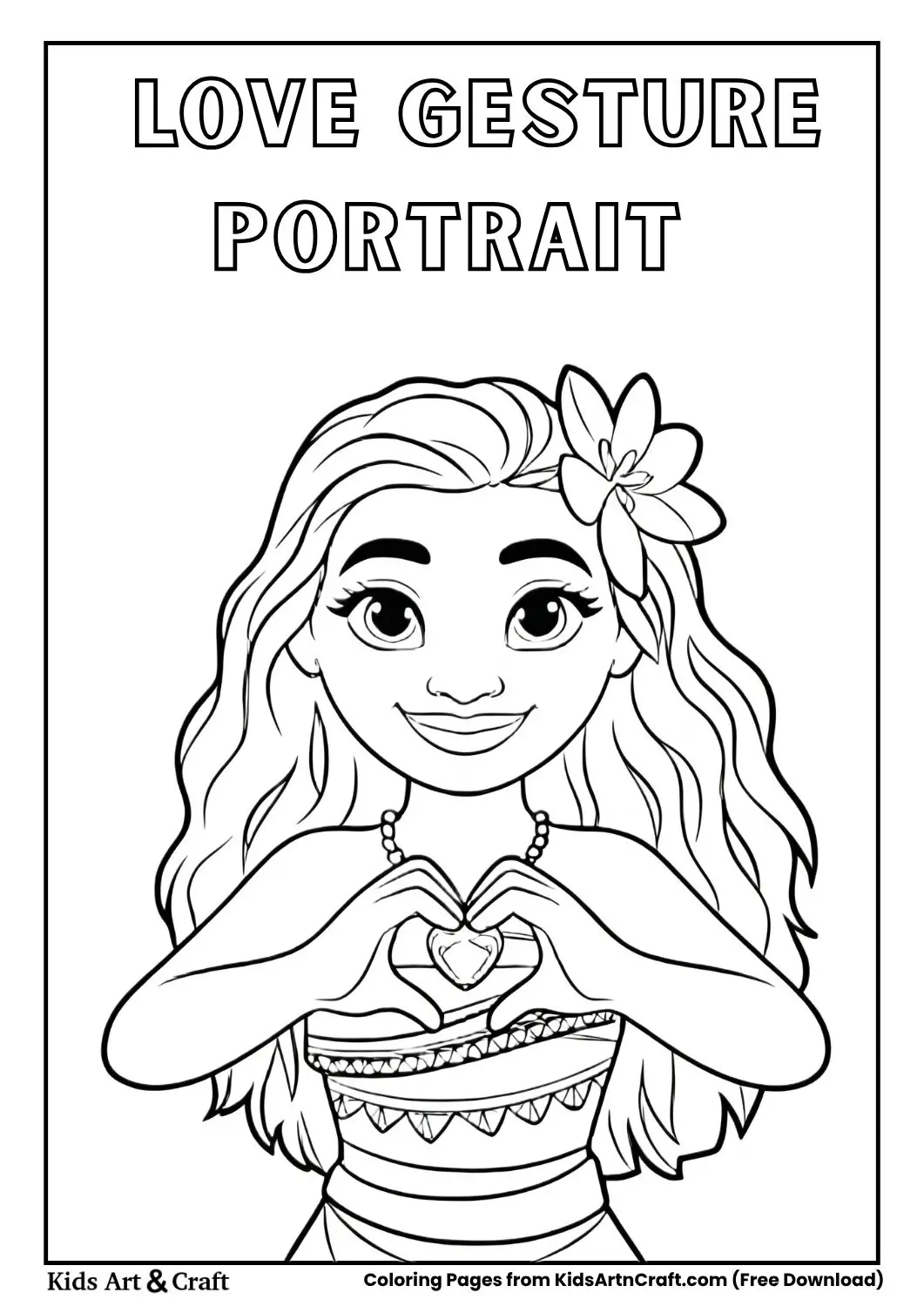 Girl with flower in hair making heart shape inside a border