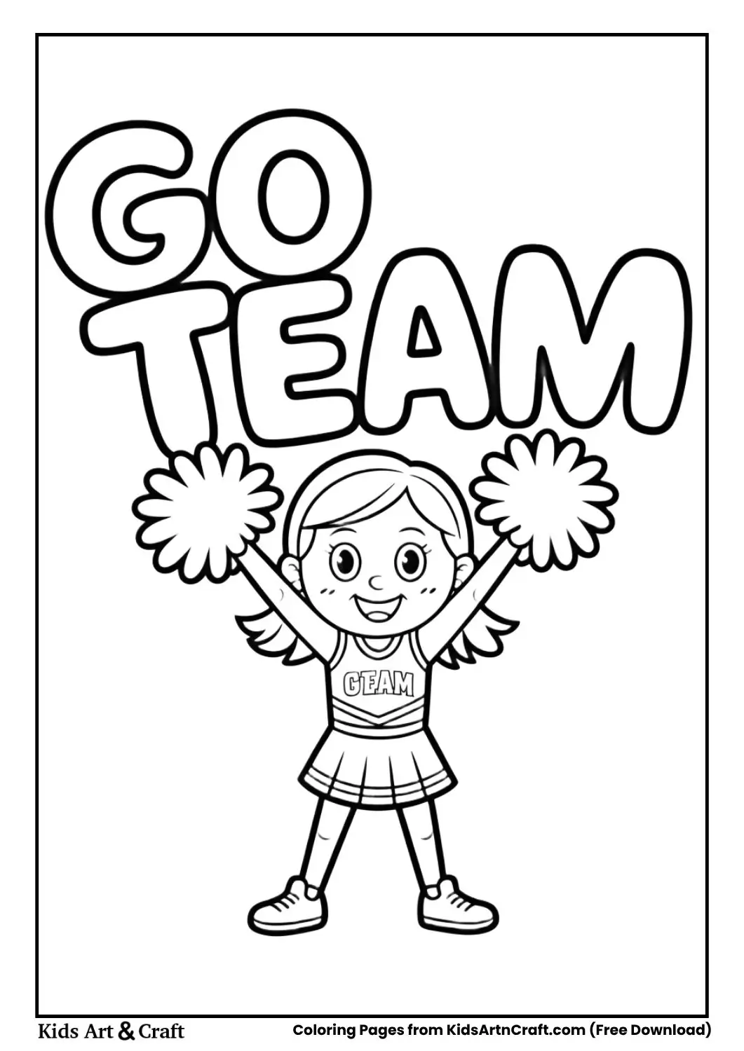 cheerleader with go team text coloring page