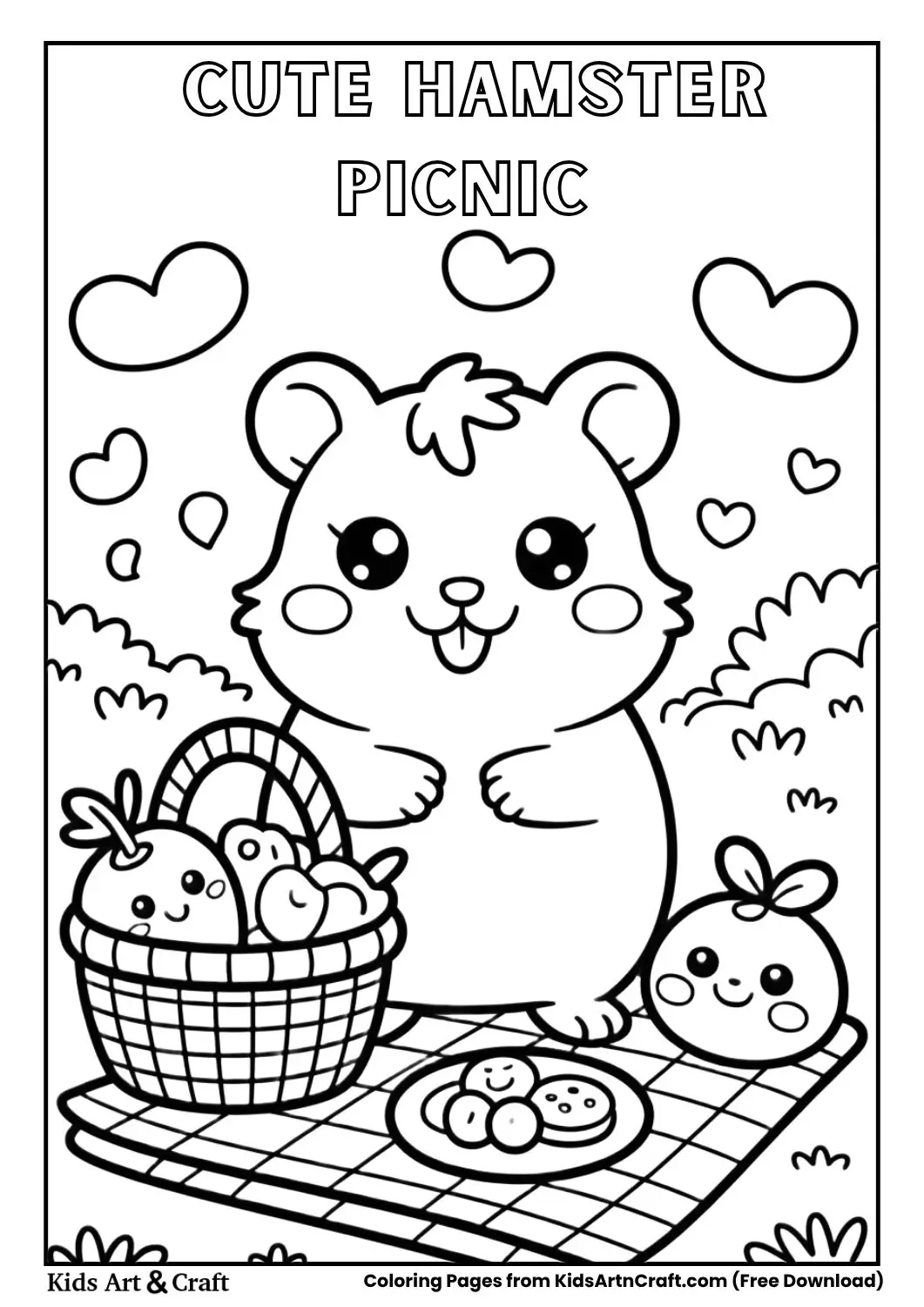 cute hamster picnic with fruits basket coloring page for kids