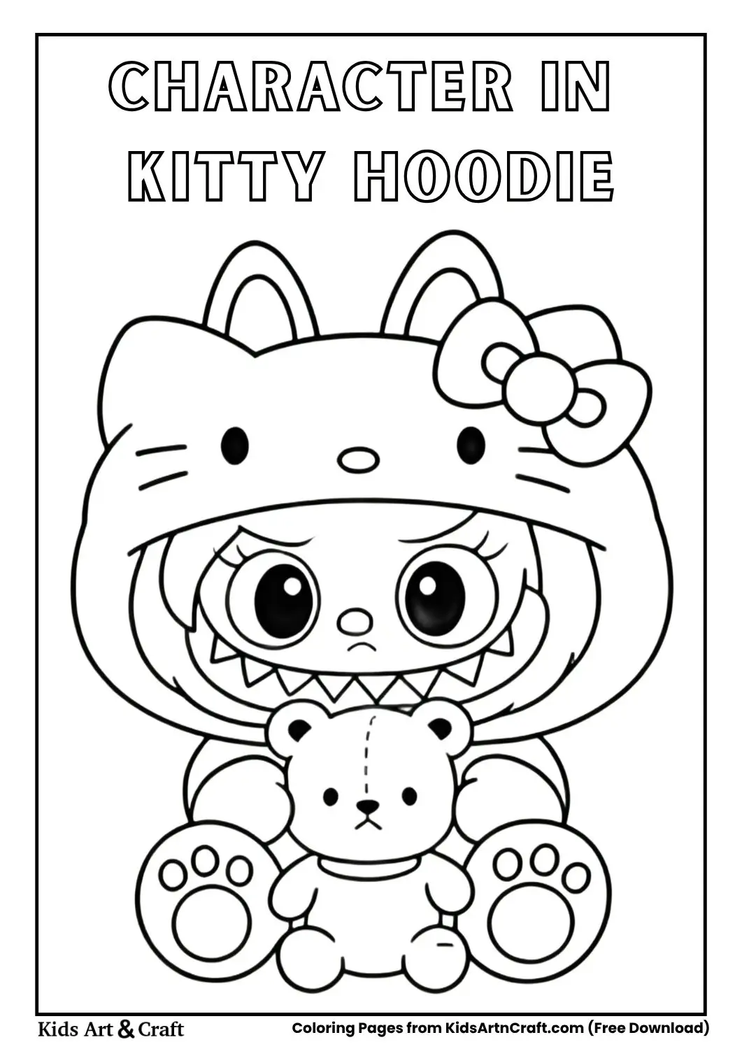 Cartoon character wearing Hello Kitty style hoodie holding teddy bear