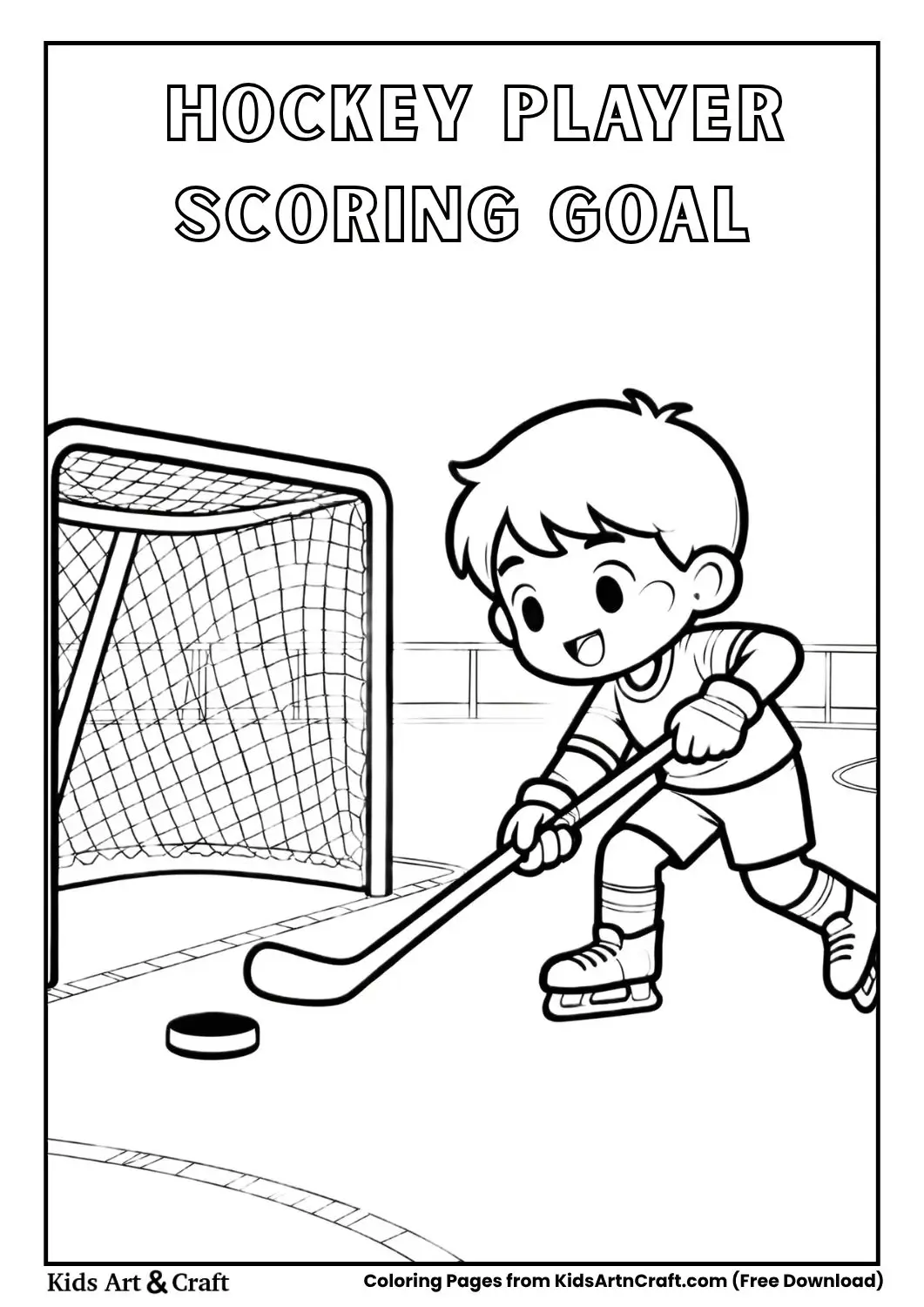 child shooting puck into goal net coloring page