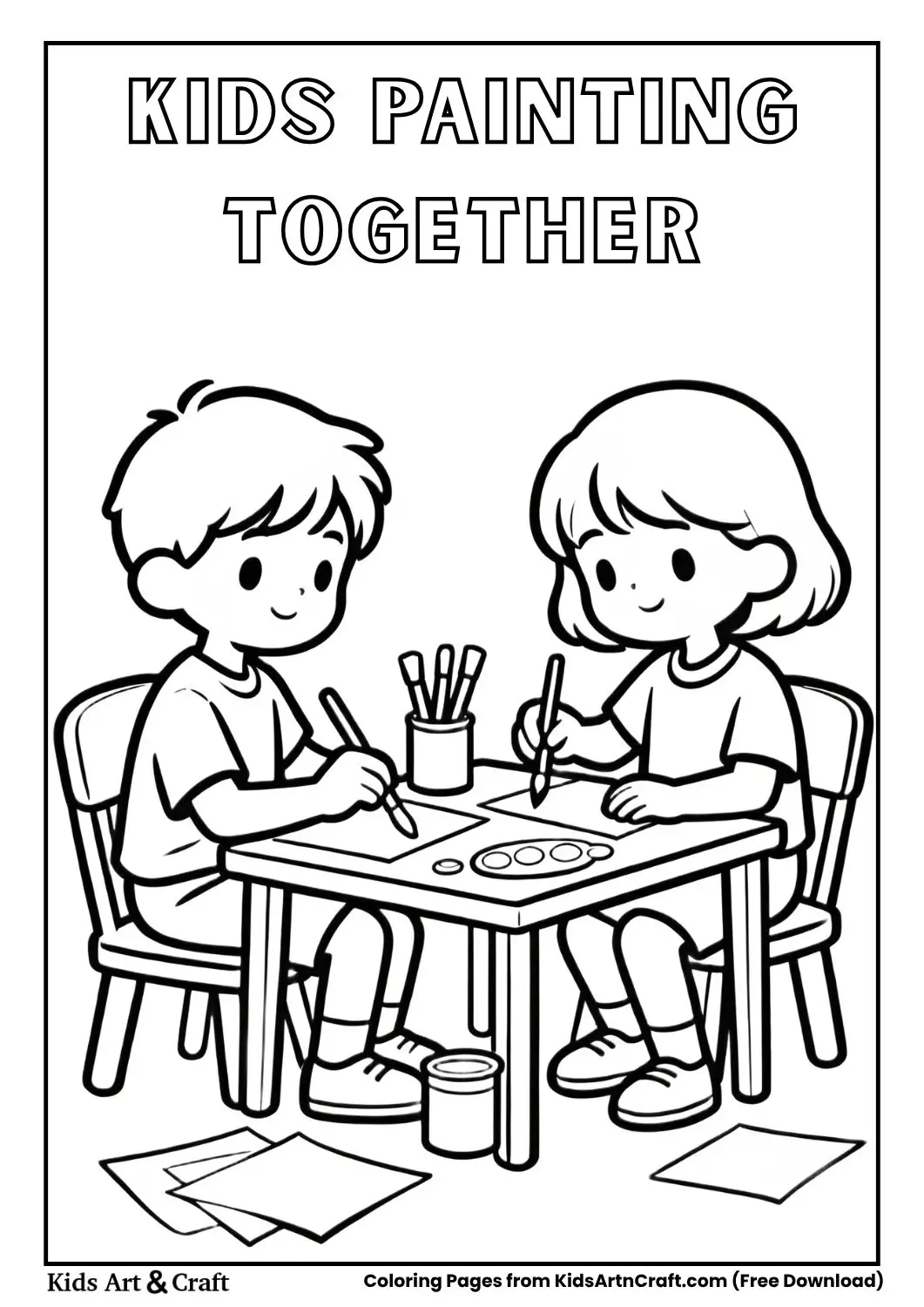 kids painting at table coloring page