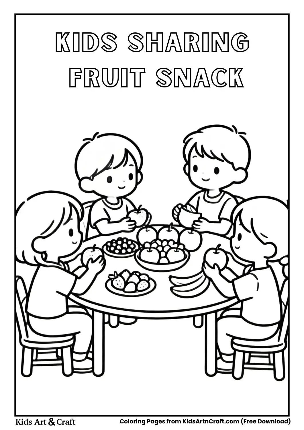Children sharing fruit snack coloring page