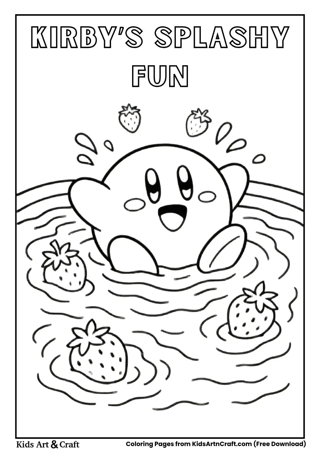 Kirby splashing in water surrounded by strawberries