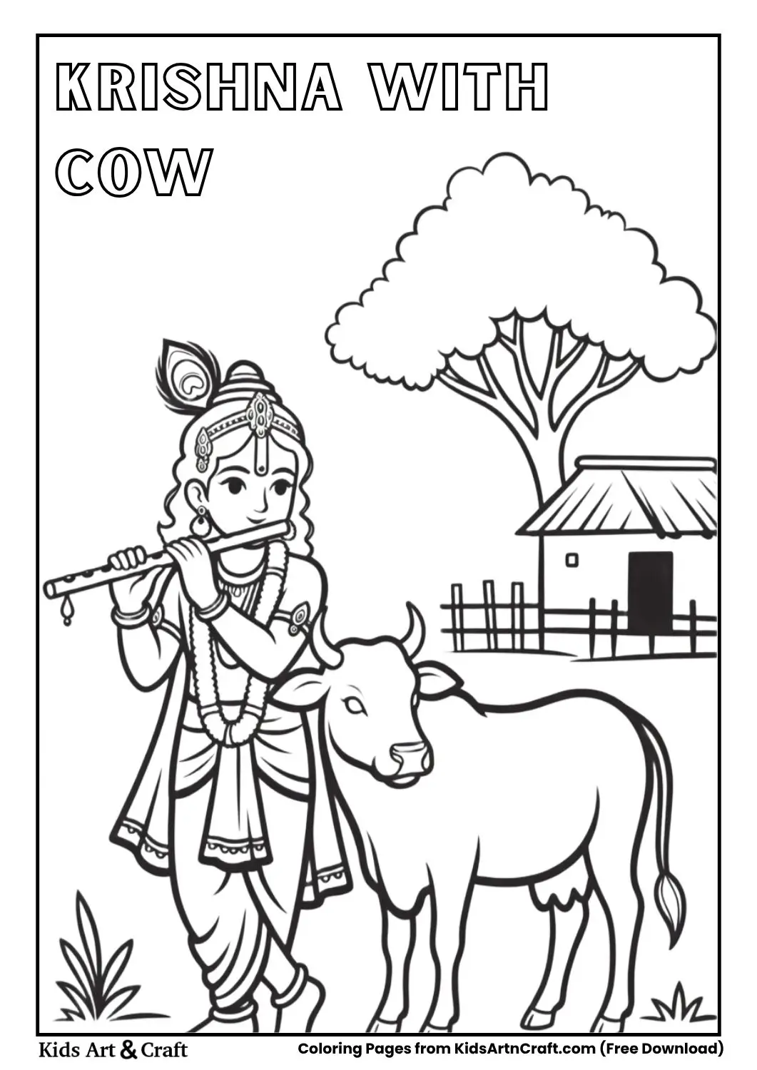Krishna with cow simple black and white coloring page for kids