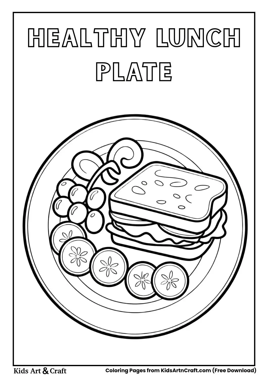 Black and white coloring page of a lunch plate with sandwich, cucumber slices, and grapes