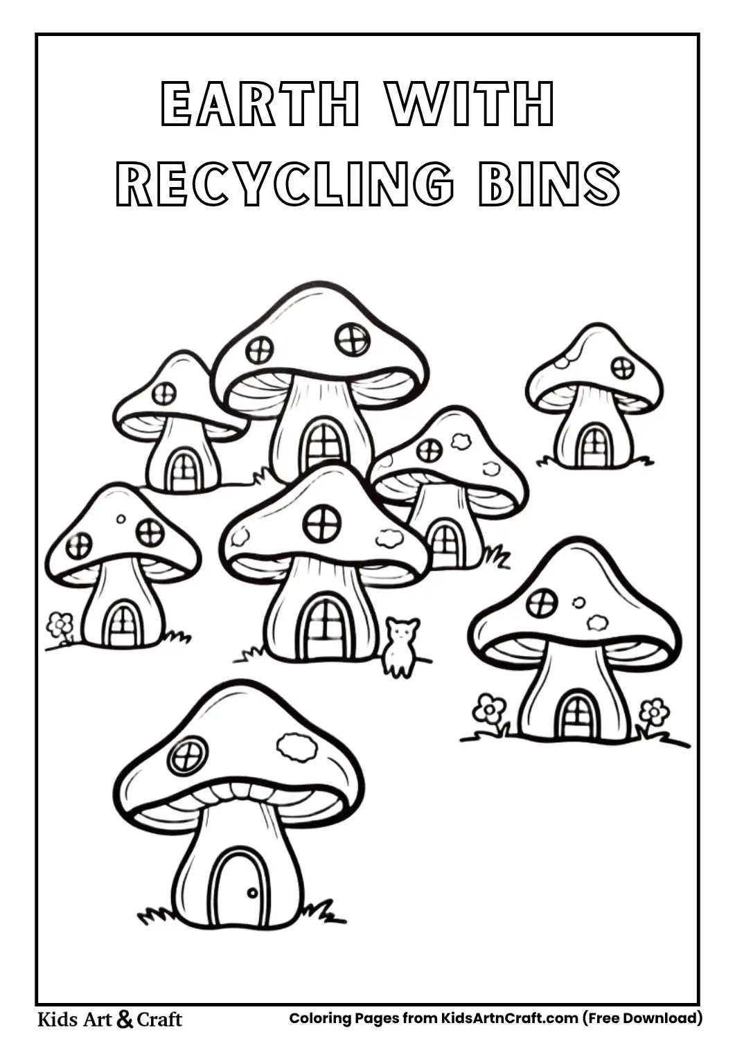 Mushroom houses with tiny creatures and flowers coloring page