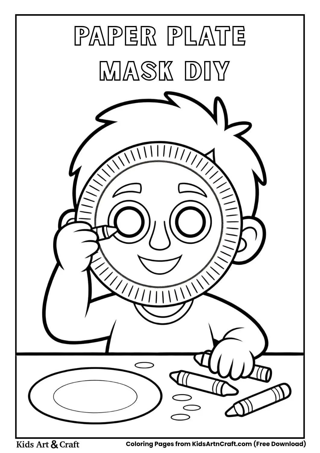 child decorating paper plate mask simple coloring page line art