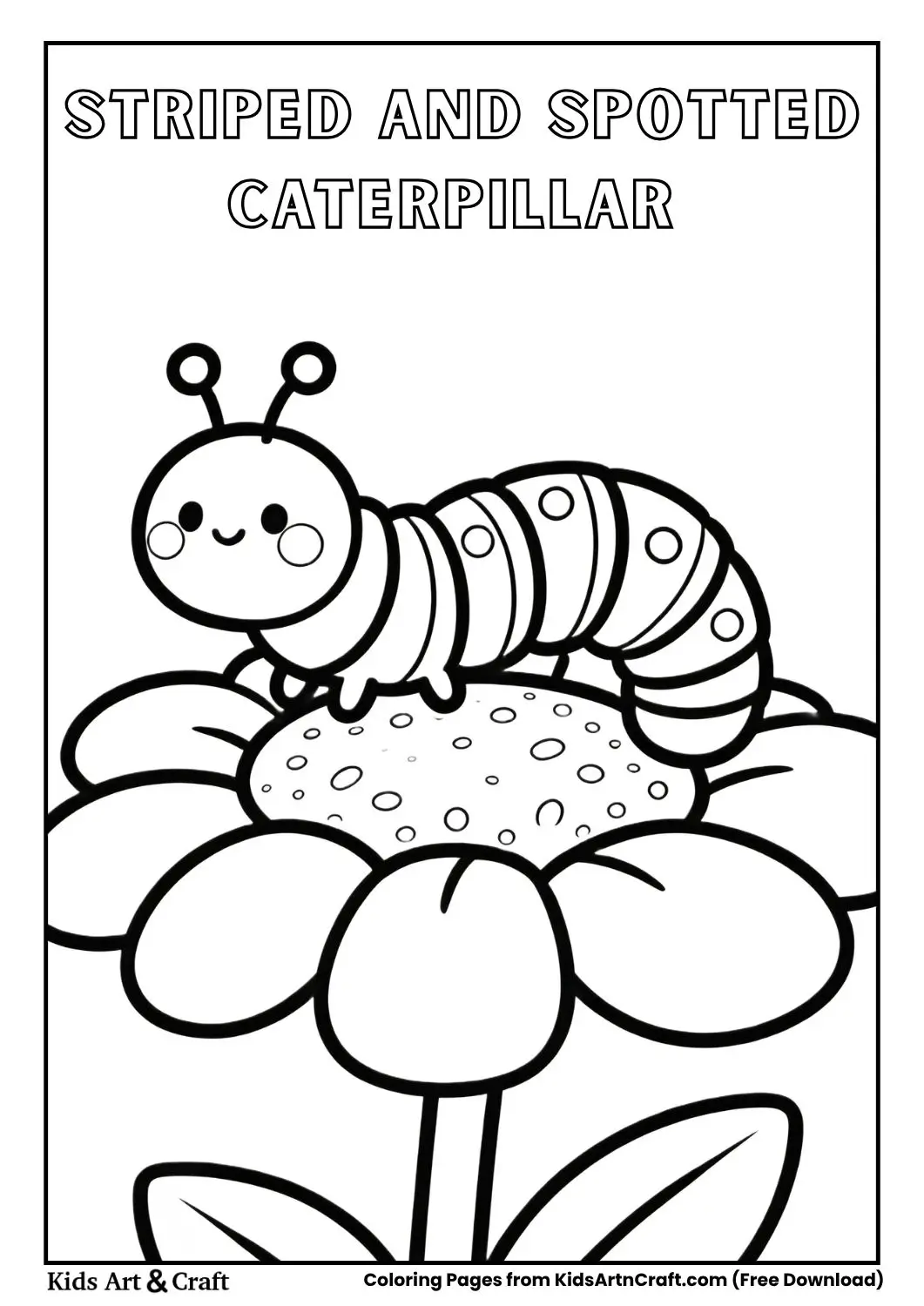 Cartoon caterpillar with stripes and dots crawling over a flower, kid-friendly coloring page