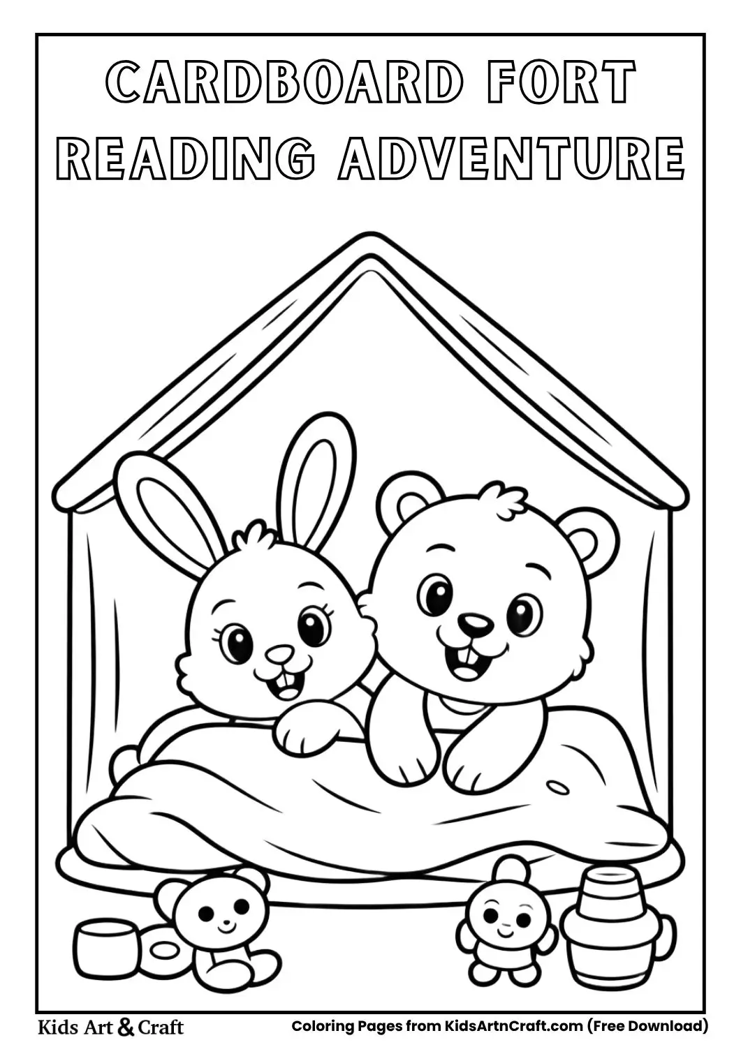 Bunny and Bear reading under blanket inside cardboard fort coloring page