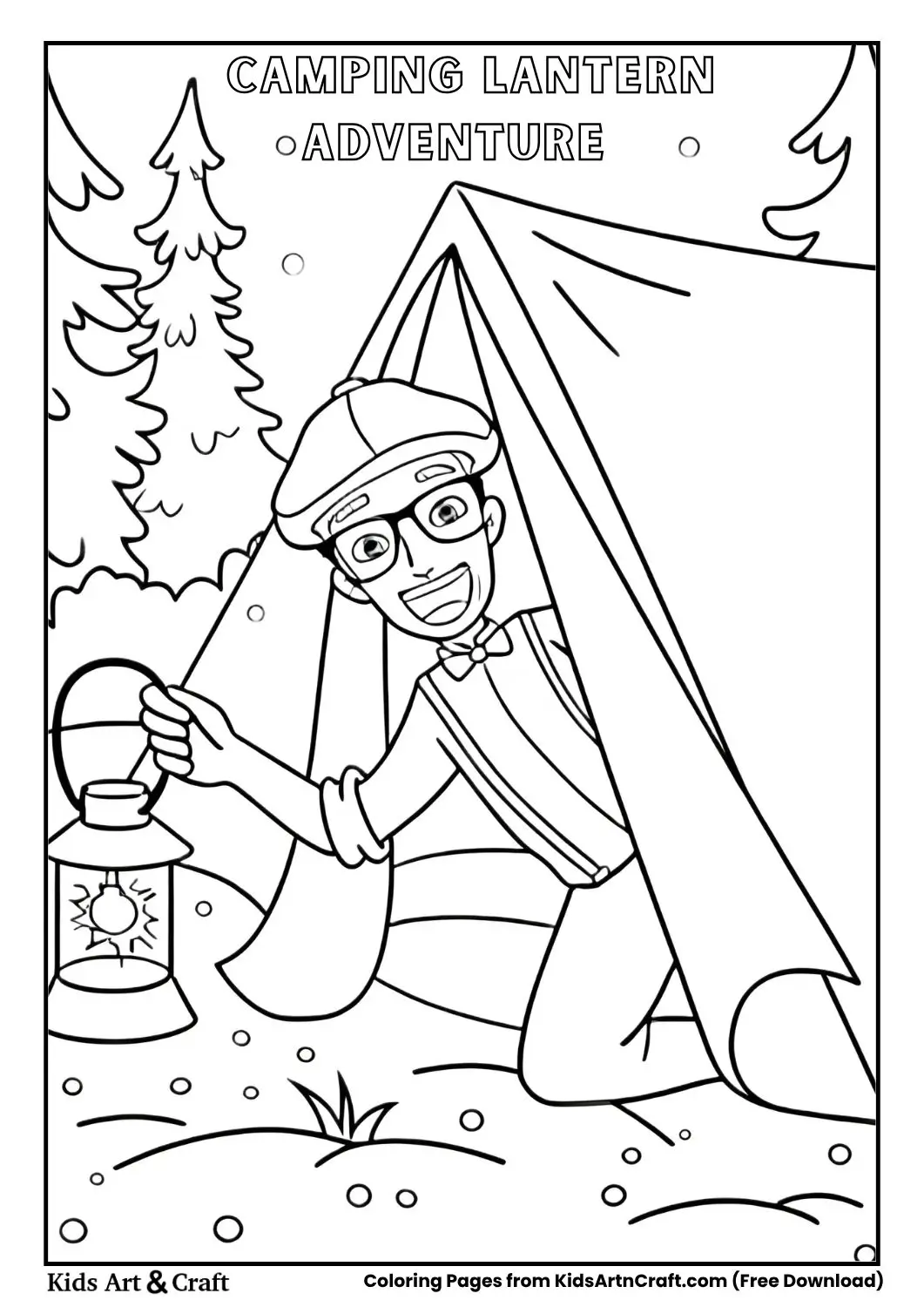 Cartoon man peeking from tent holding lantern outdoors