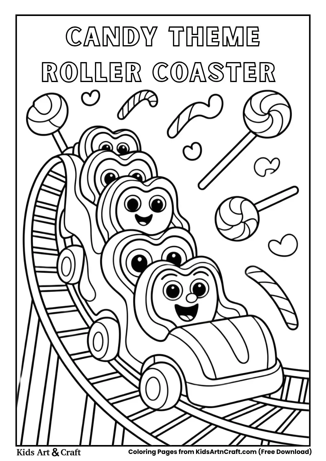 Roller coaster with candy decorations like lollipops, black and white