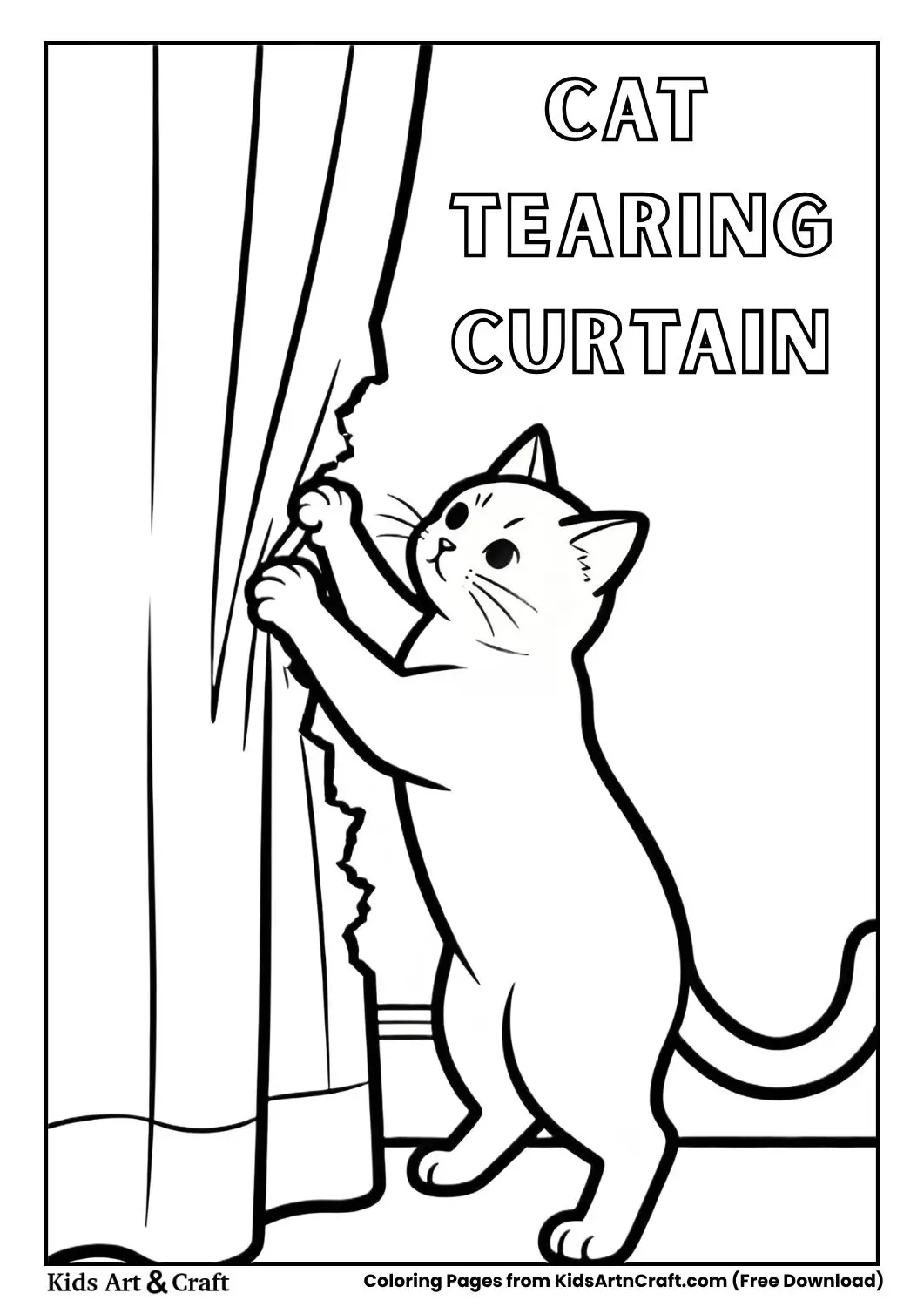 Cute cat tearing a curtain coloring page
