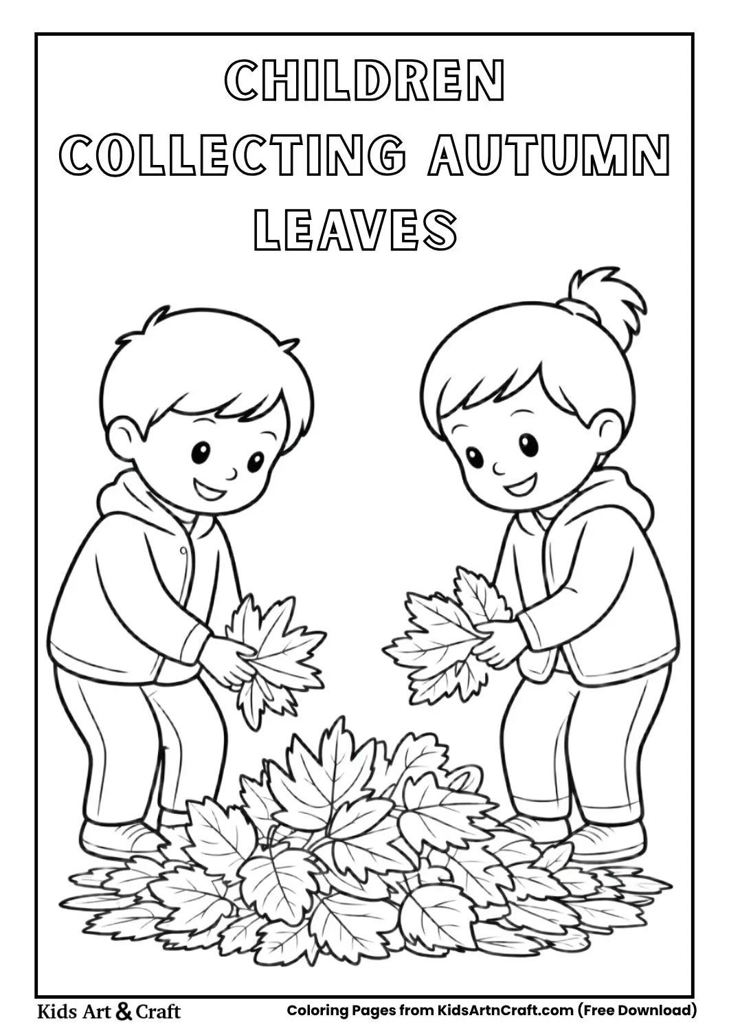 Children collecting autumn leaves in a pile, easy coloring page.