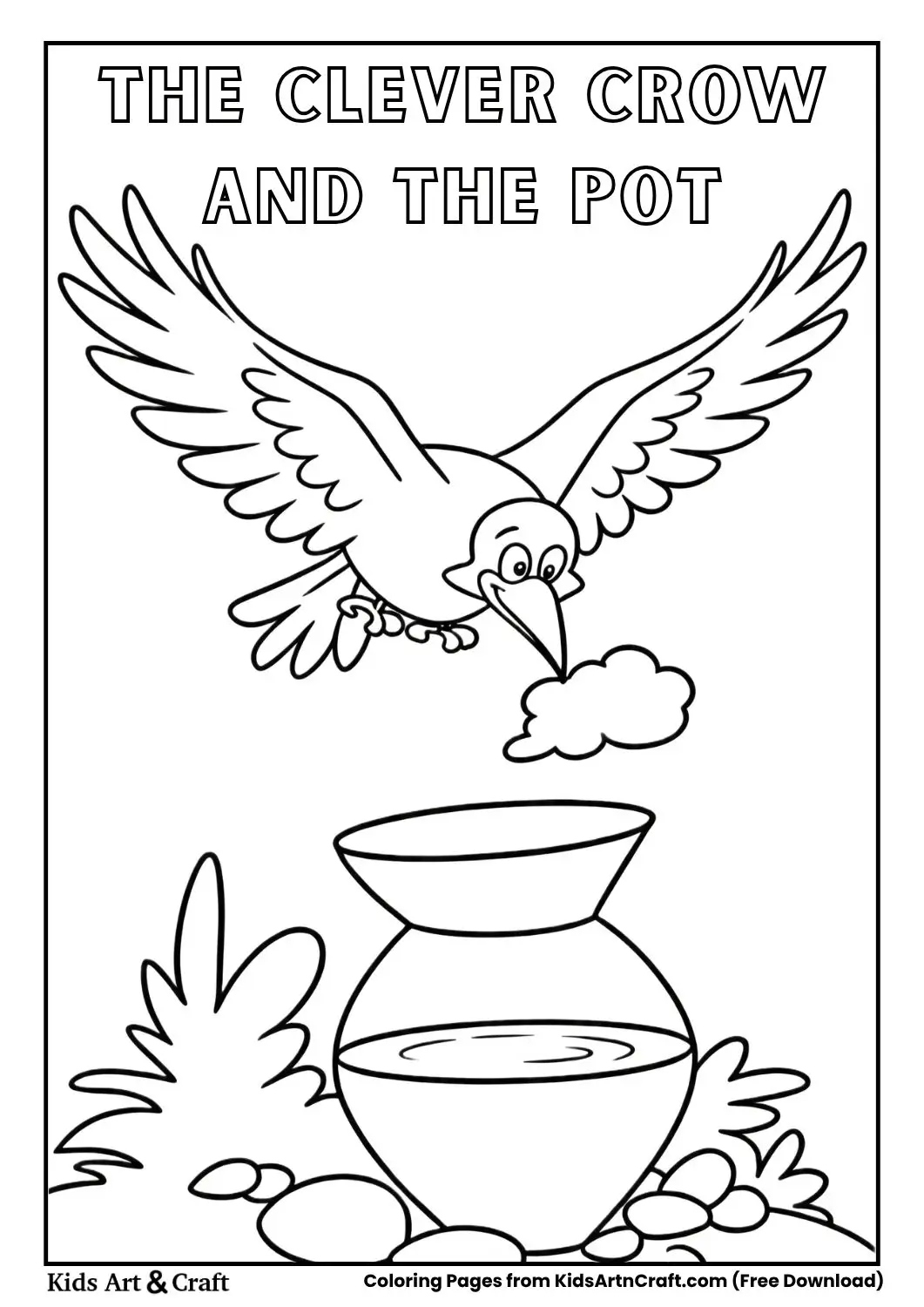 Crow flying above pot with stones around