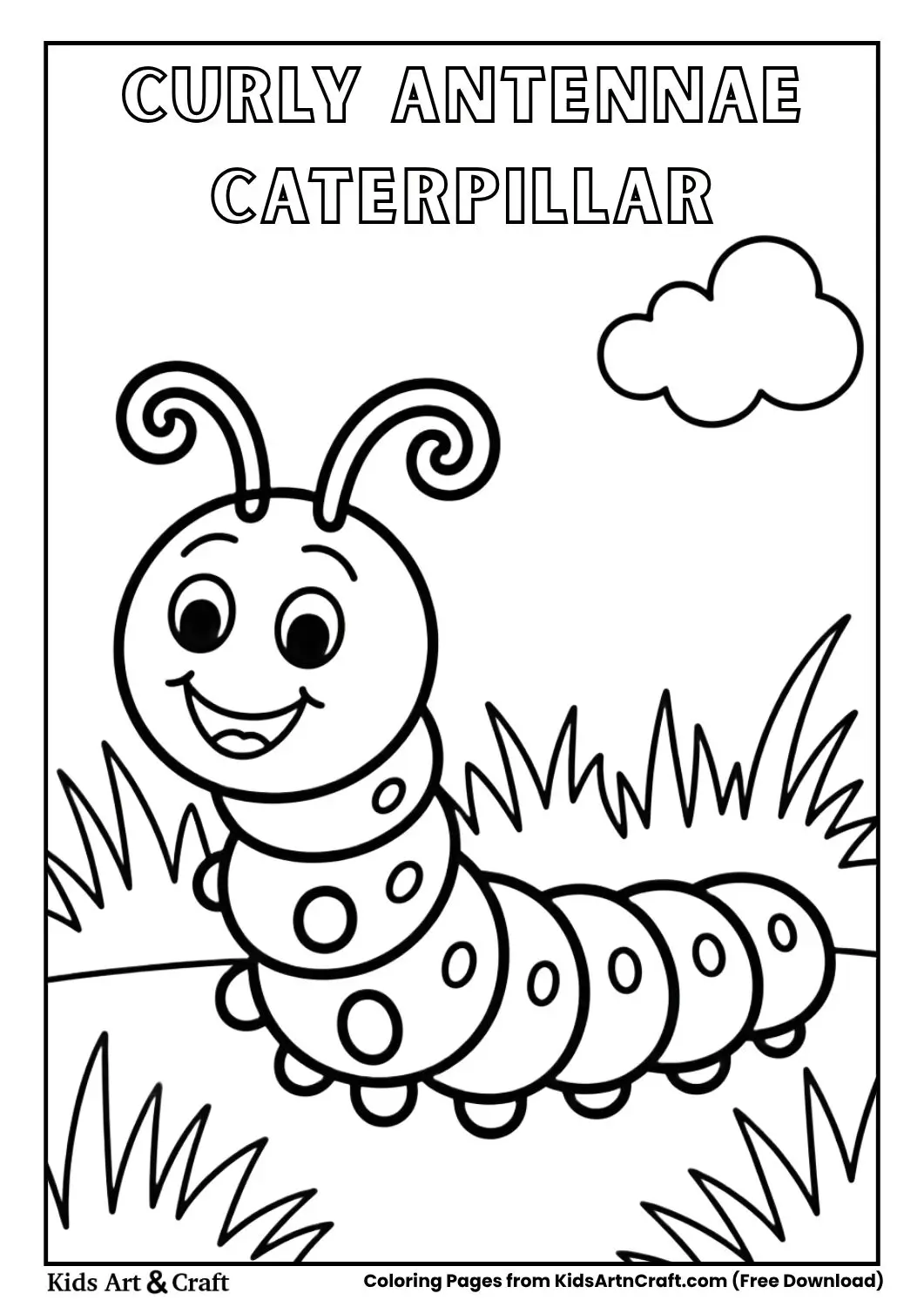 Cute caterpillar with curly antennae crawling in grass, black and white coloring page