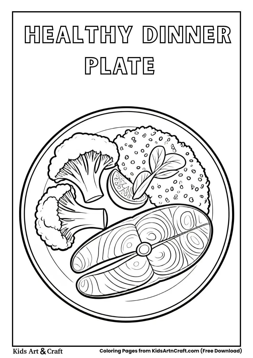 Black and white coloring page of a dinner plate with salmon, quinoa, and steamed broccoli