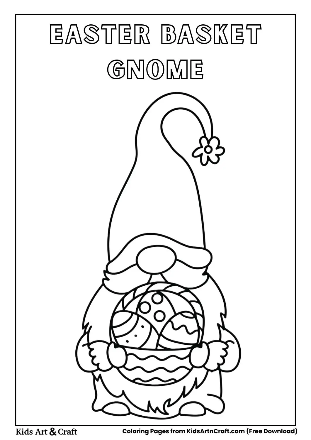 Gnome holding basket filled with decorated Easter eggs
