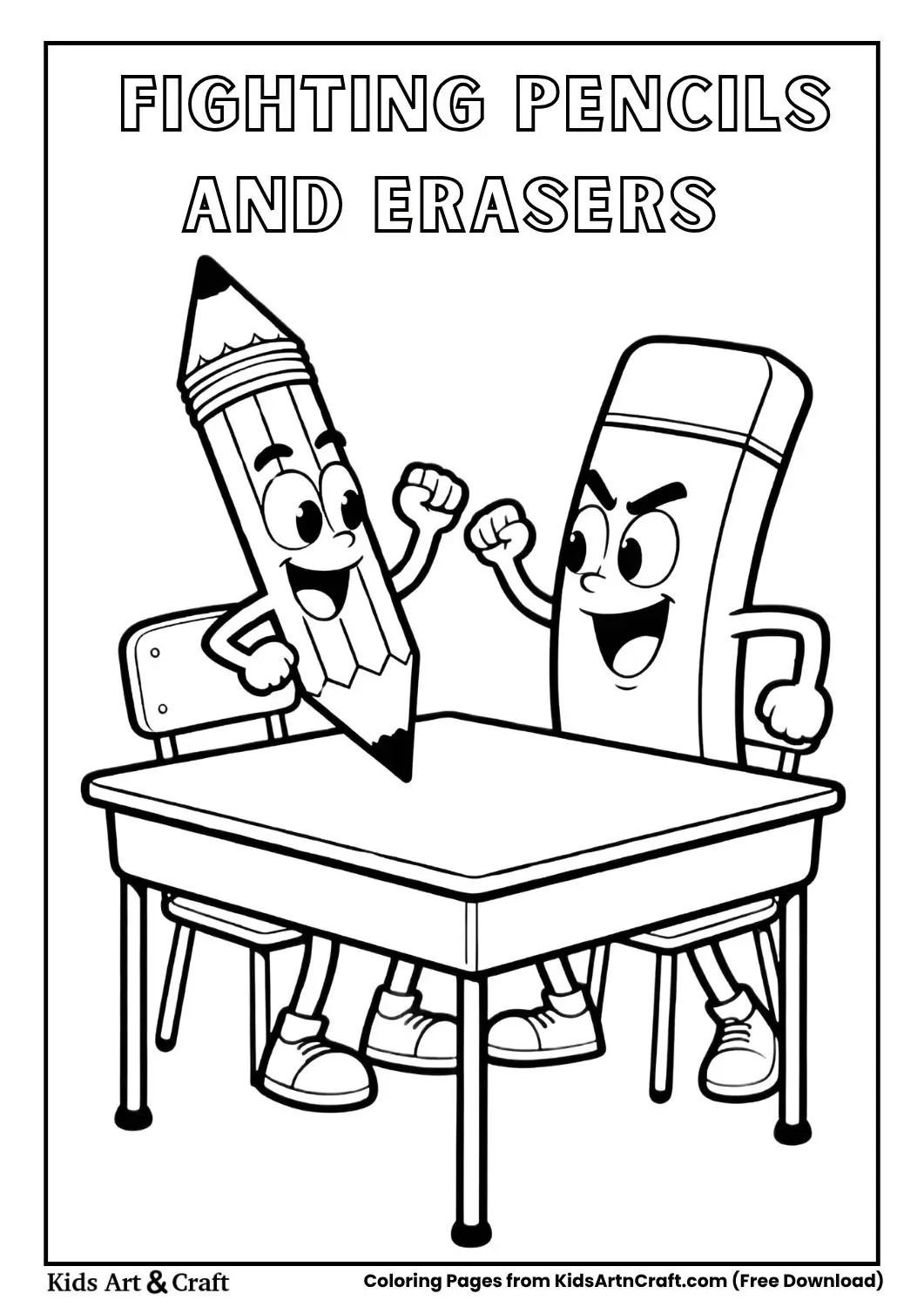Pencil and eraser fighting cartoon coloring page