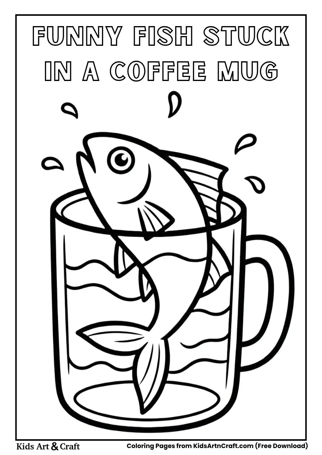 Fish splashing inside a coffee mug coloring page