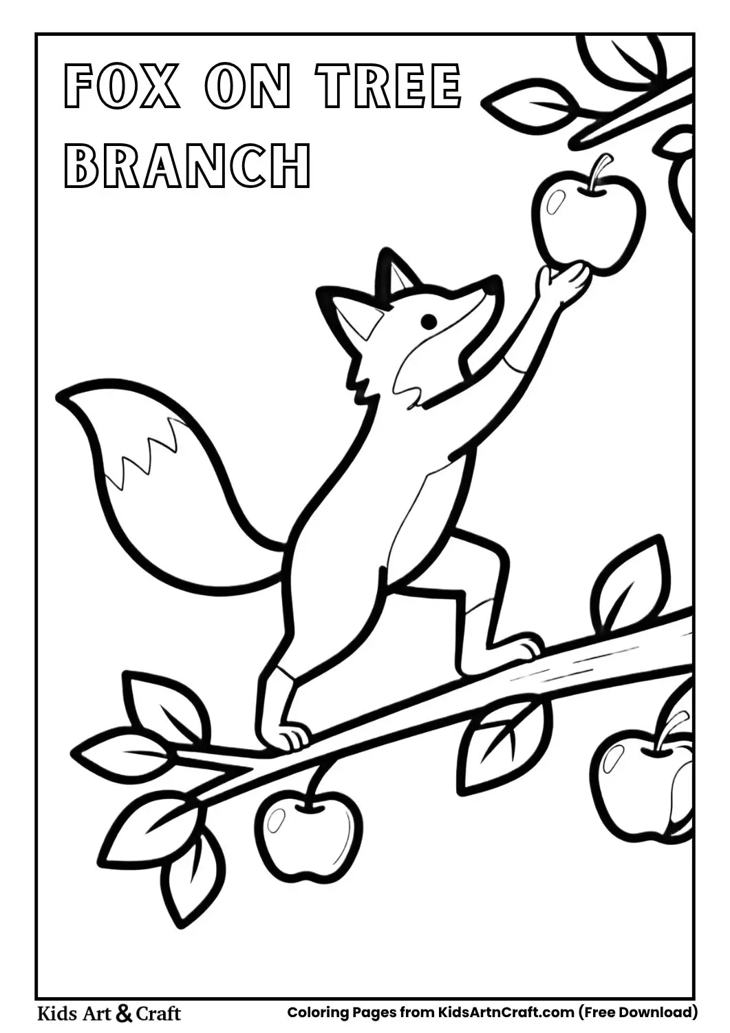 Playful fox balancing on a branch reaching for apples
