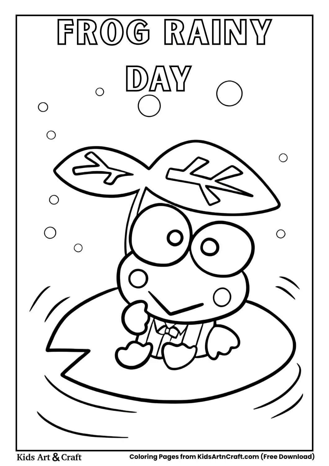 Frog sitting on a lily pad holding a leaf umbrella with bubbles