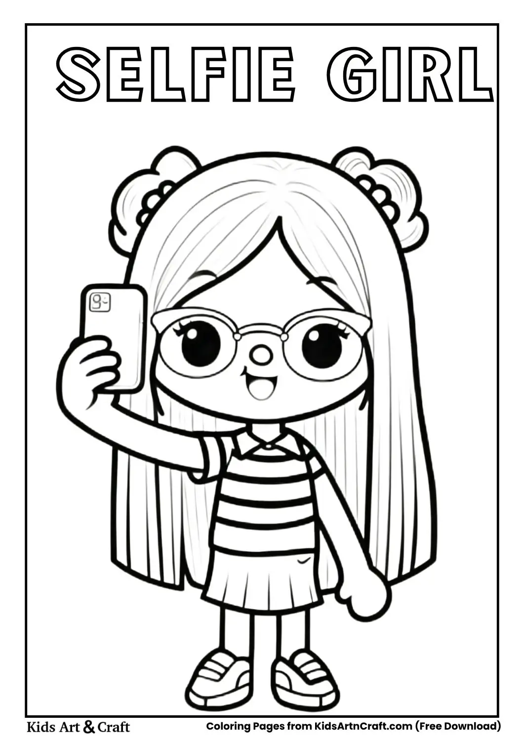 Cartoon girl taking selfie with smartphone wearing glasses and buns