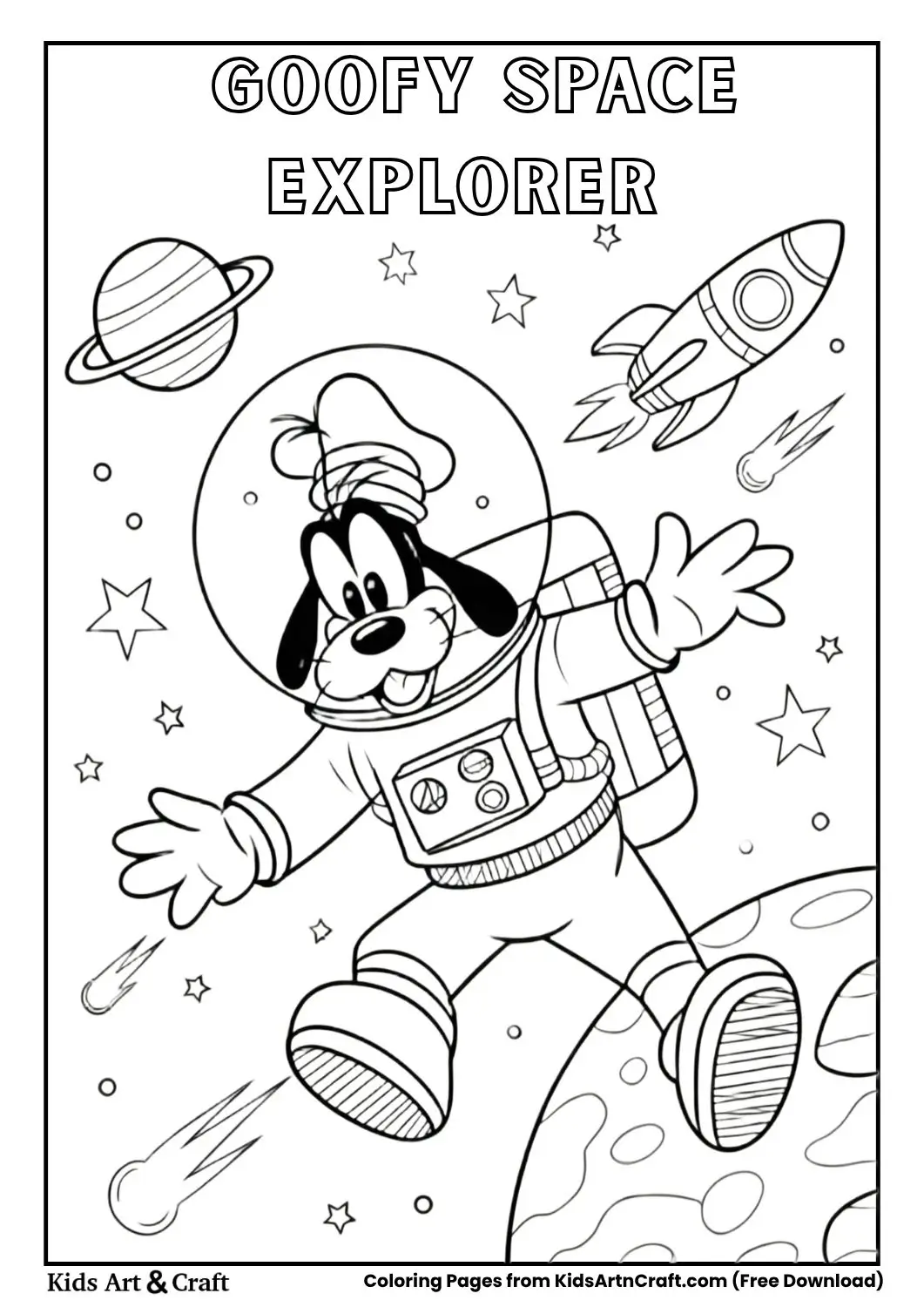 Goofy in an astronaut suit floating in space with planets and stars