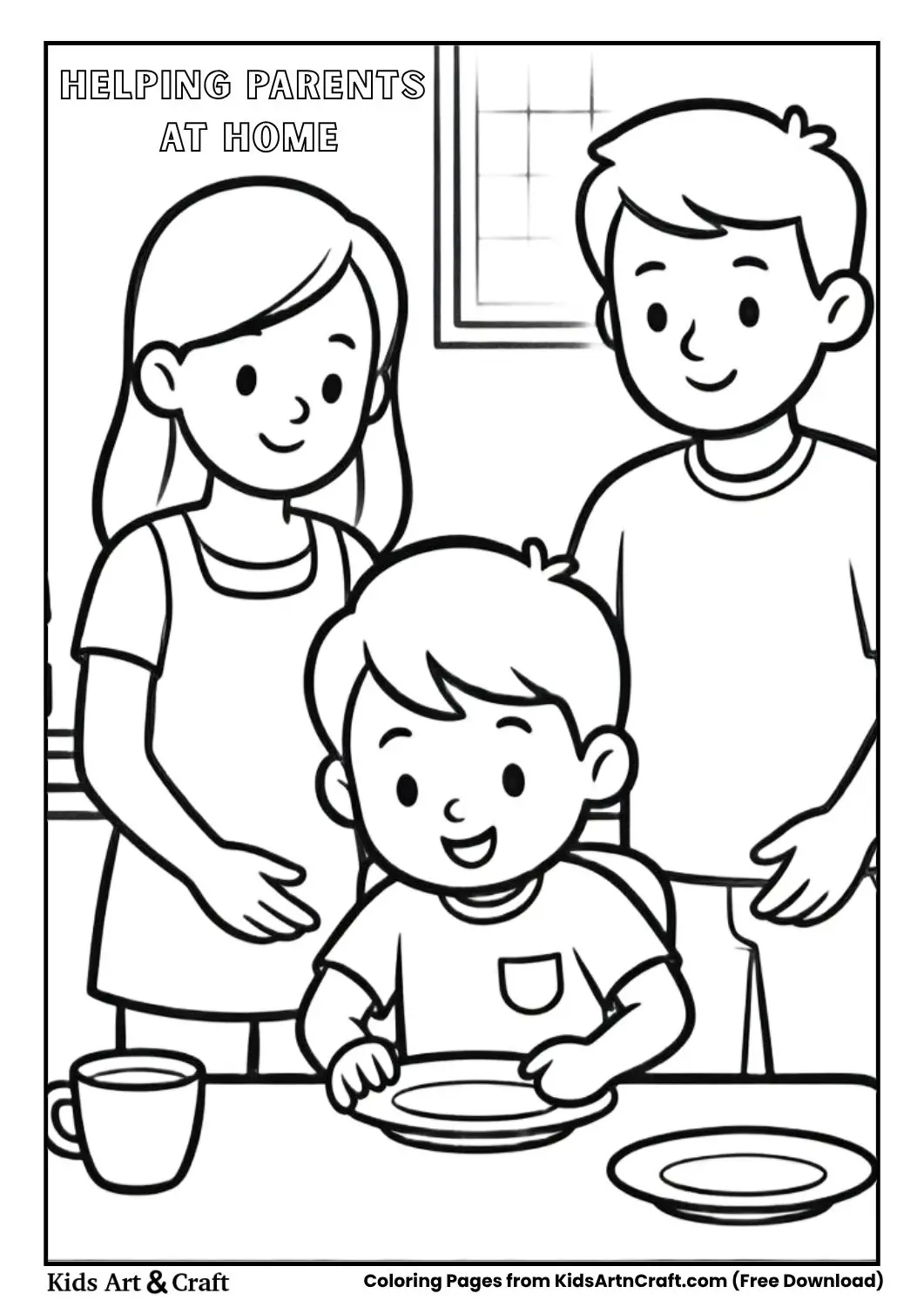 Child helping parents at home setting table colouring page black and white line art for kids