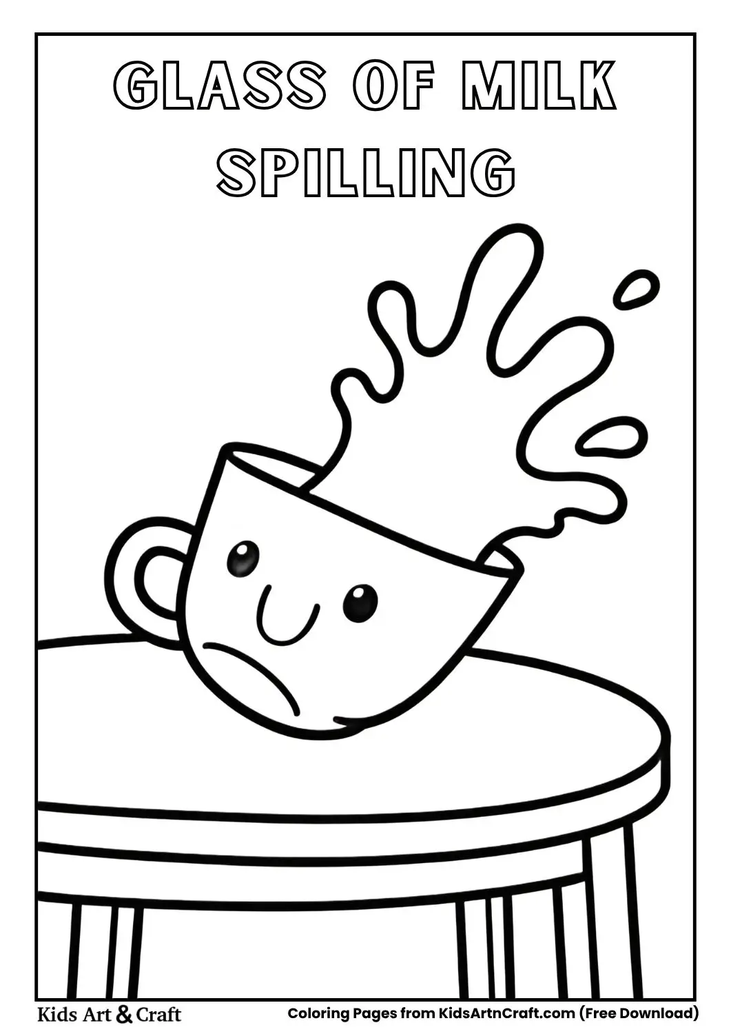 Glass of milk tipping over on a table and spilling coloring page