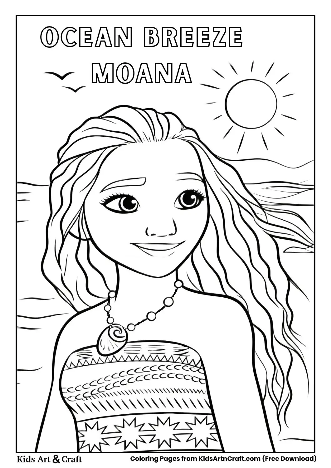Moana smiling with wind-blown hair near ocean and sun