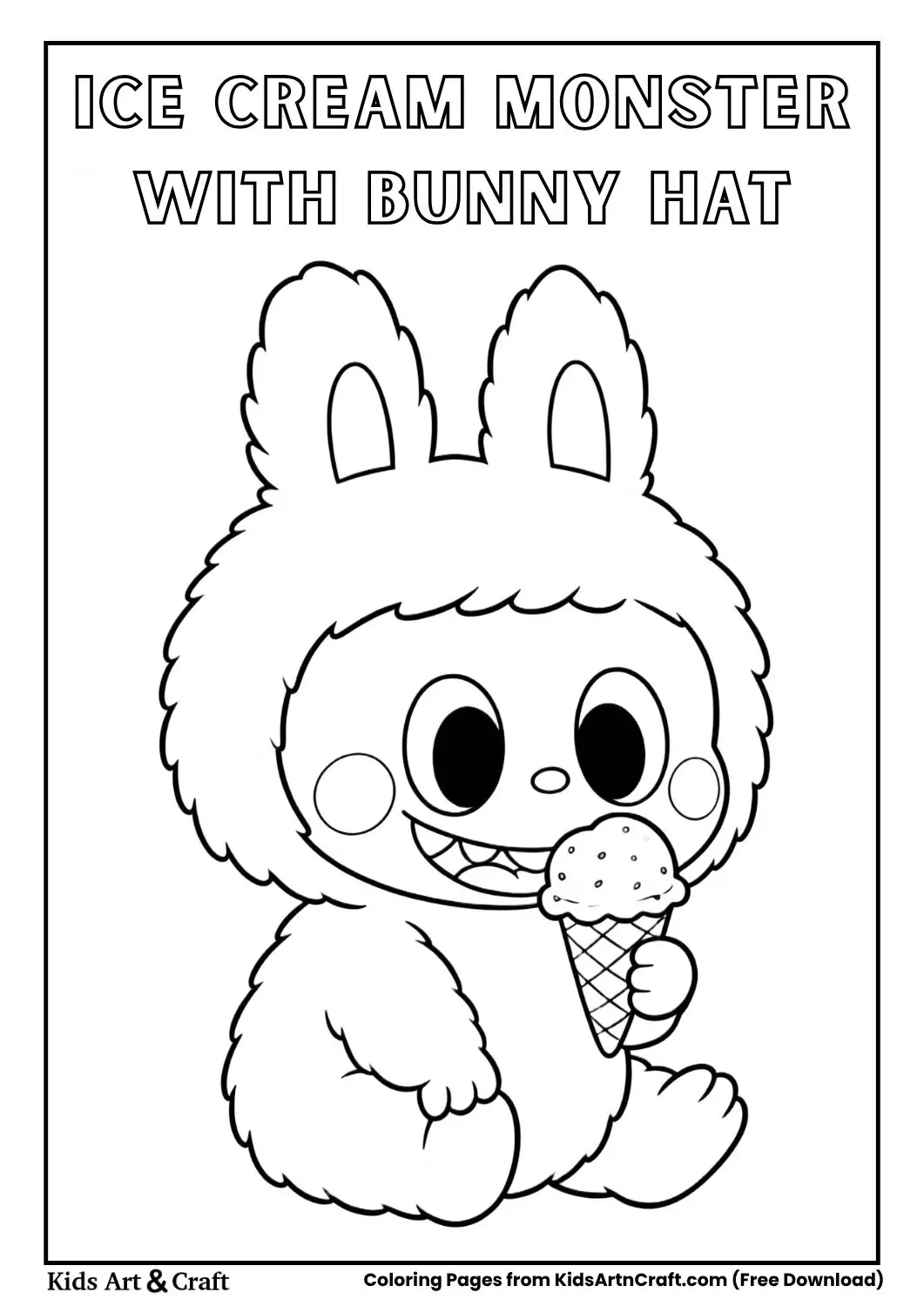 Cartoon monster sitting with bunny hat holding ice cream cone
