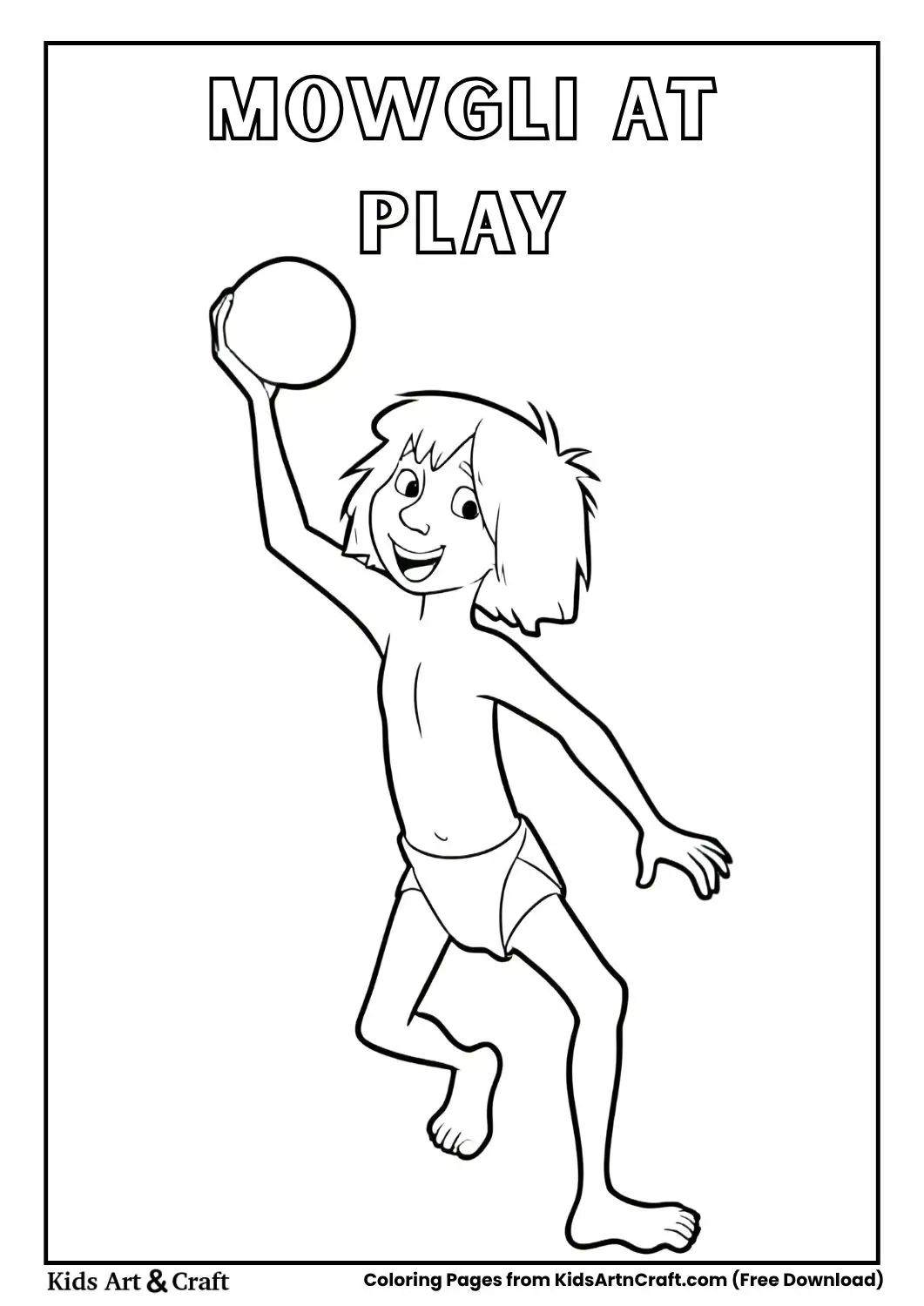 Mowgli holding a ball overhead in a playful pose line drawing
