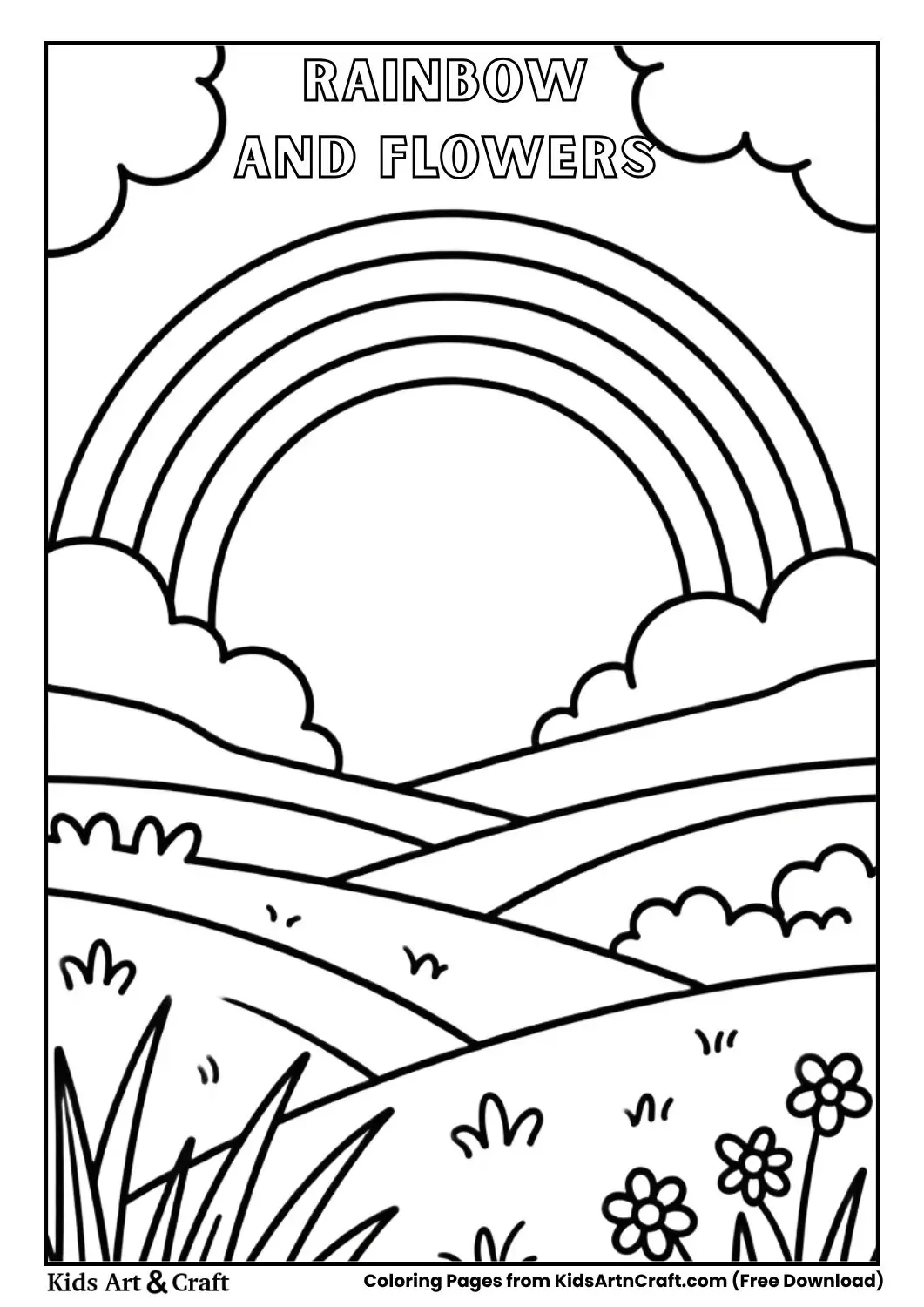 Rainbow clouds flowers spring coloring page for kids